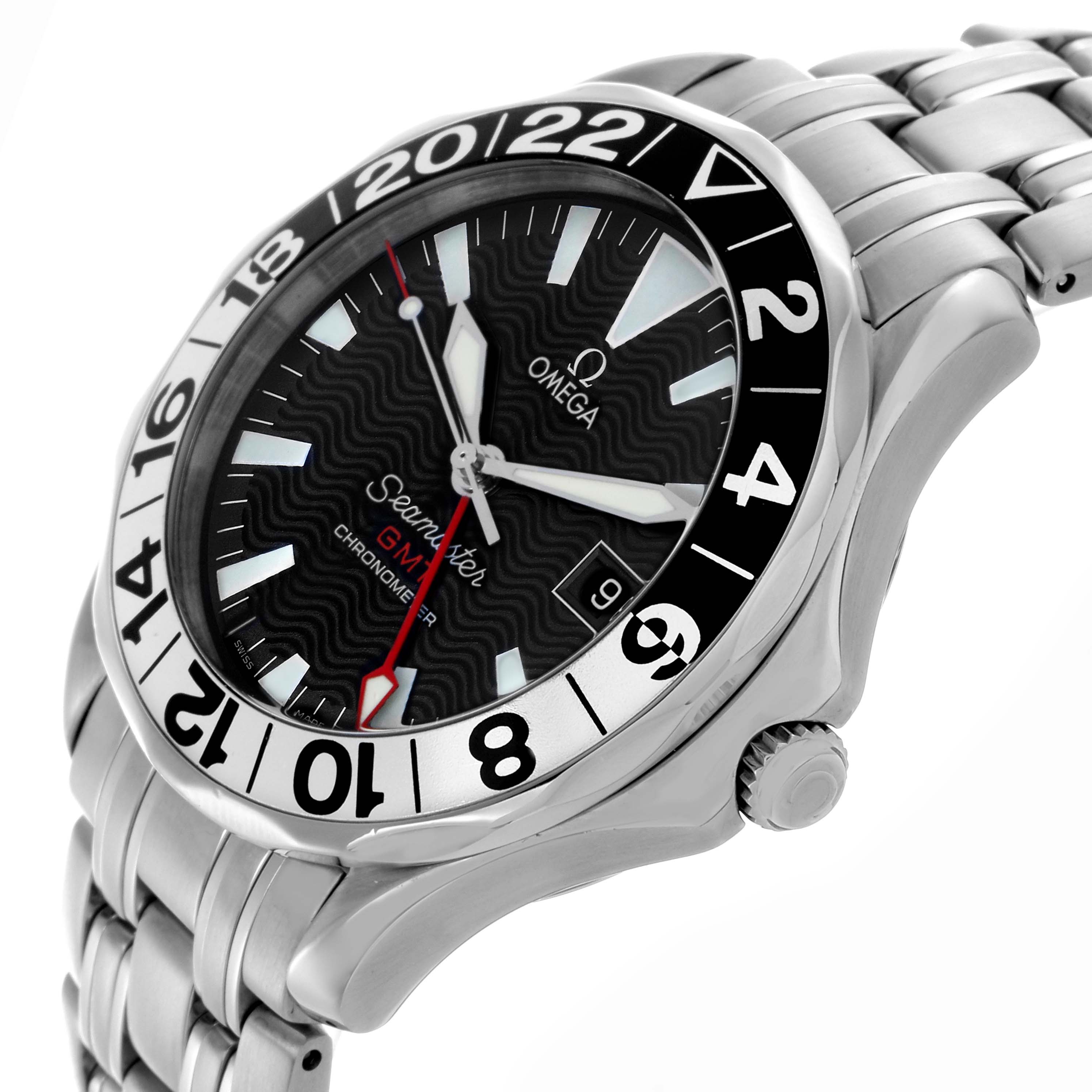 The Omega Seamaster 2534.50.00 Men
s Stainless Steel Black Dial 2534.50.00 Men
s Stainless Steel Black Dial is shown at a slight side angle, highlighting the face, bezel, crown, and stainless steel bracelet.