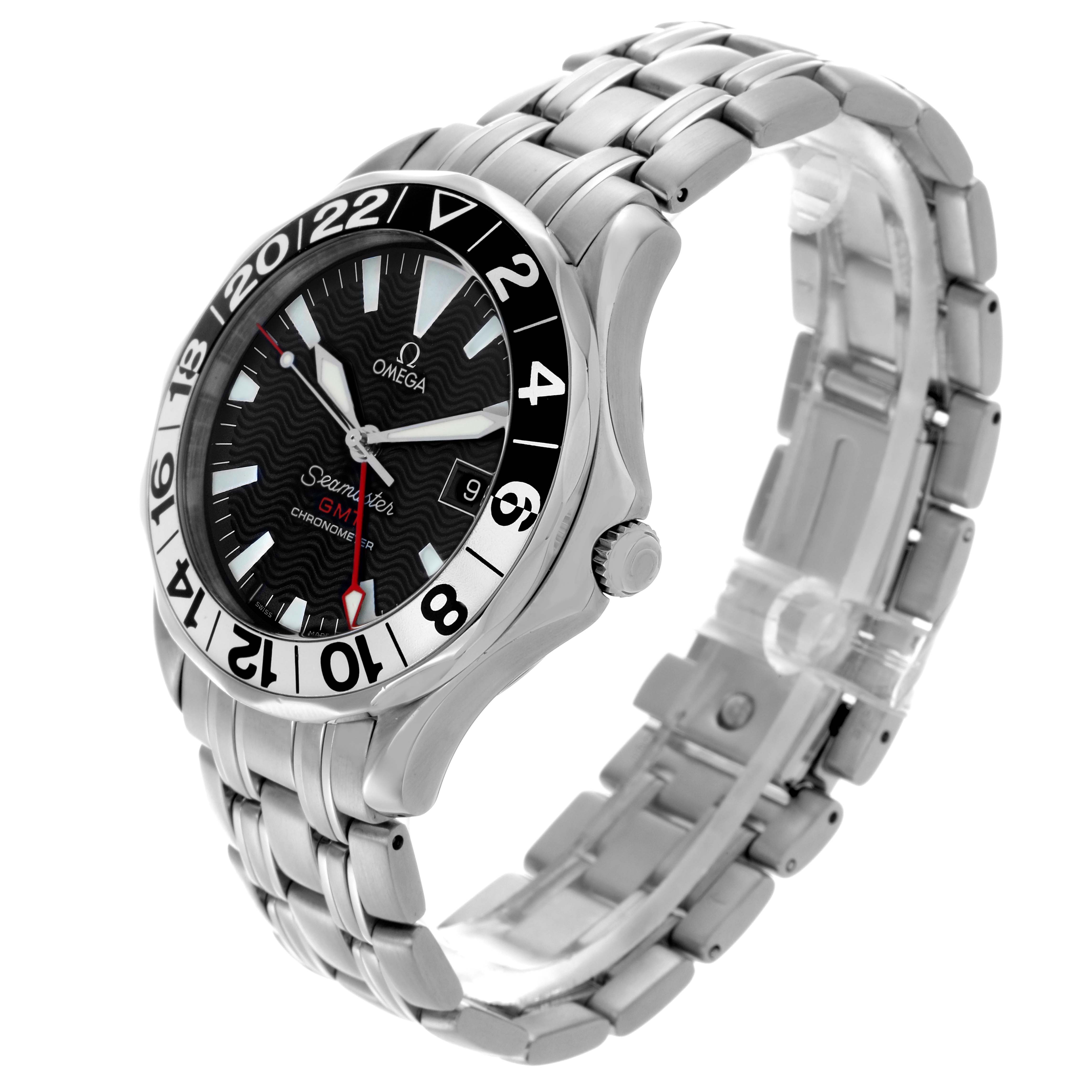 The Omega Seamaster 2534.50.00 Men
s Stainless Steel Black Dial 2534.50.00 Men
s Stainless Steel Black Dial watch is shown at a three-quarter angle, highlighting the bezel, dial, crown, and metal bracelet.