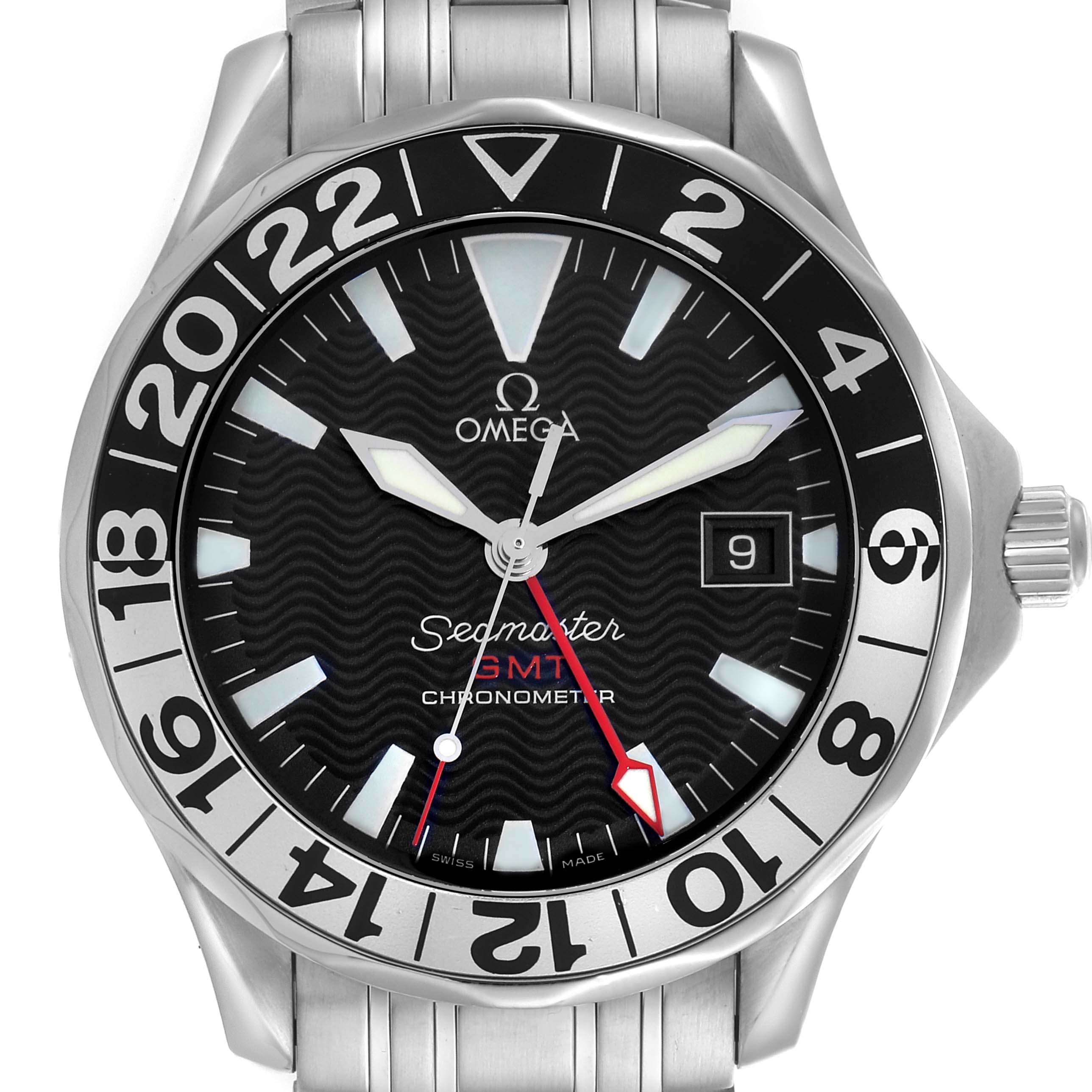 The Omega Seamaster 2534.50.00 Men
s Stainless Steel Black Dial 2534.50.00 Men
s Stainless Steel Black Dial watch is shown from the front, displaying its bezel, dial, date window, and part of the bracelet.