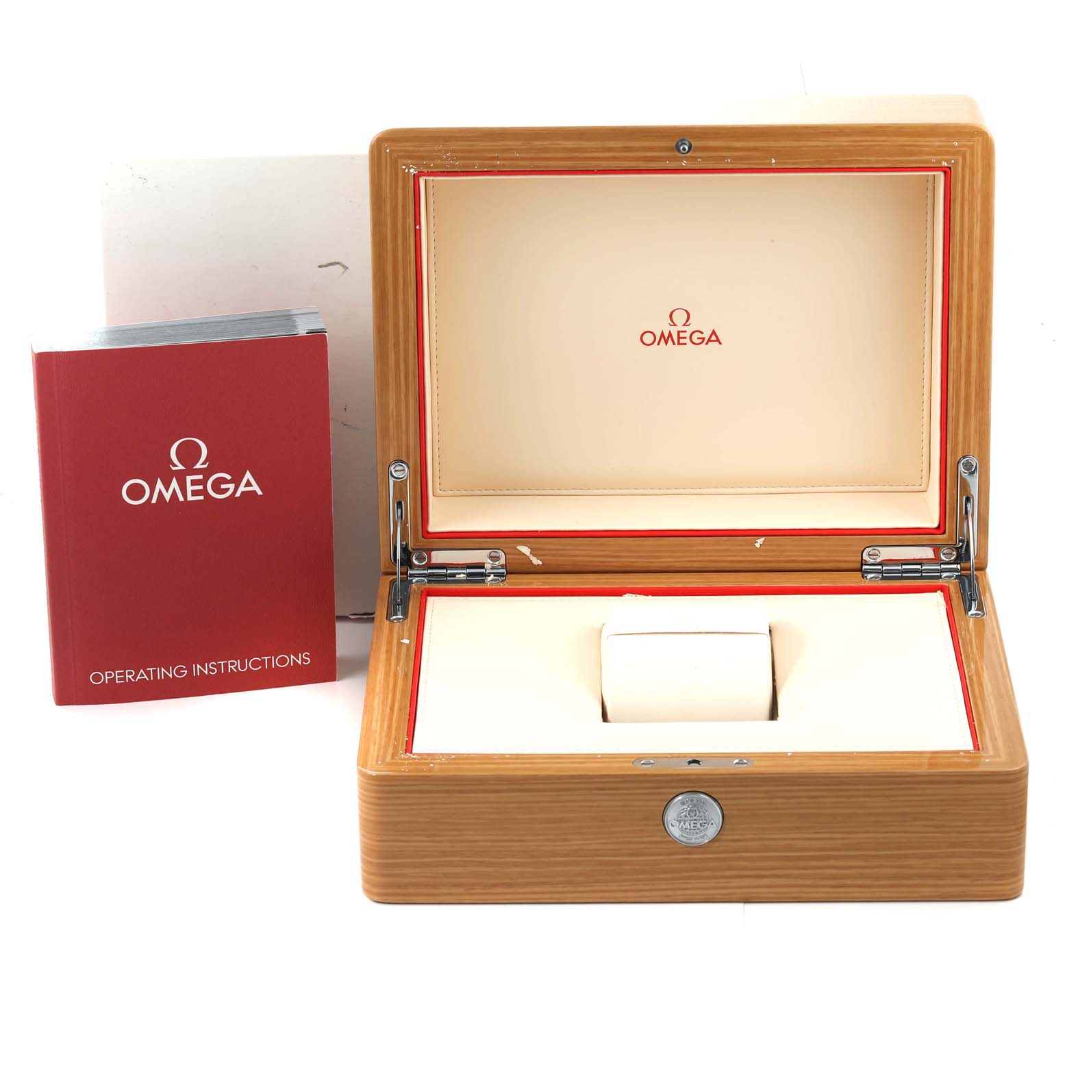 The image shows an Omega Speedmaster 304.93.44.52.03.002 Men's Ceramic Blue Dial 304.93.44.52.03.002 Men's Ceramic Blue Dial watch box and operating instructions from a frontal angle.