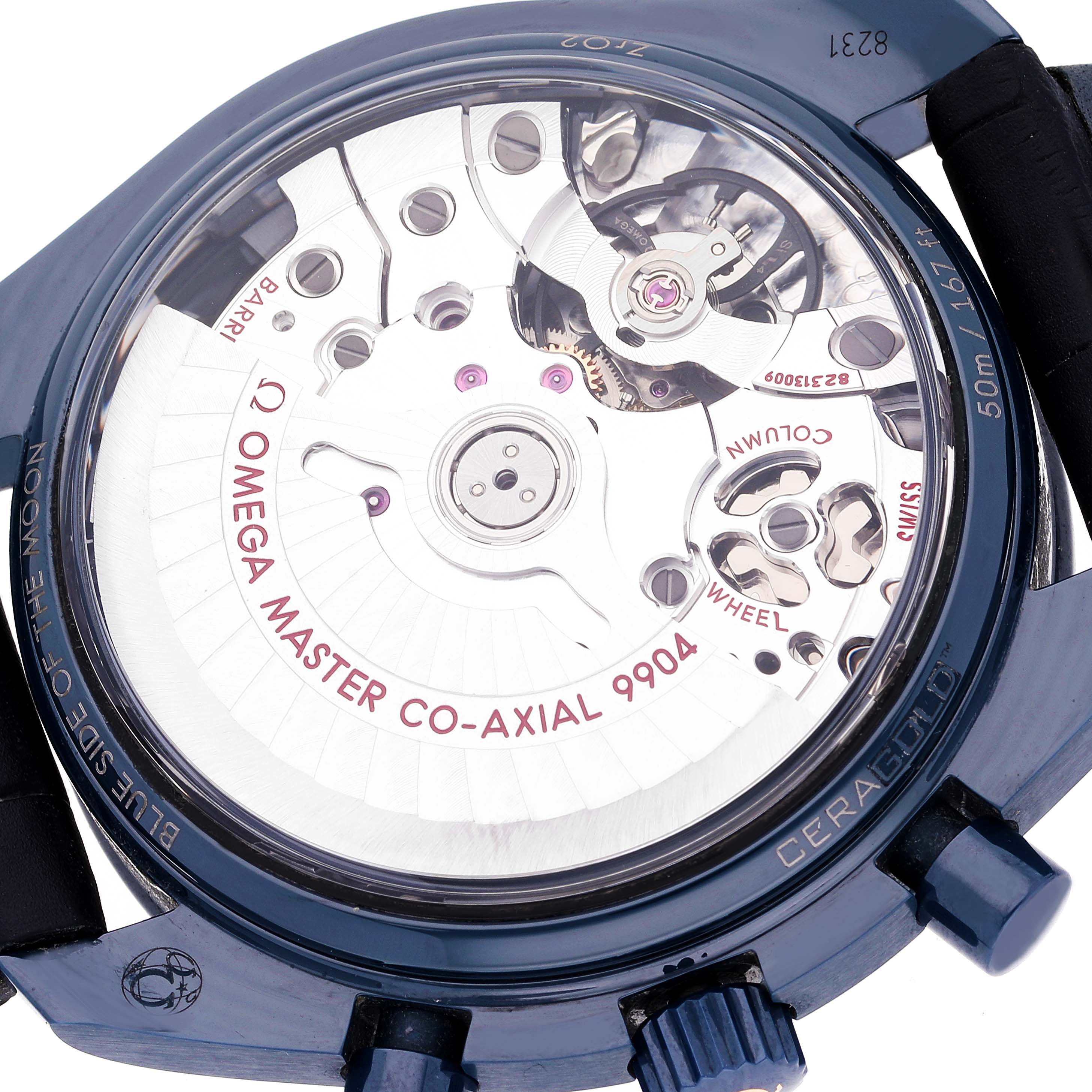 This image shows the back of an Omega Speedmaster 304.93.44.52.03.002 Men's Ceramic Blue Dial 304.93.44.52.03.002 Men's Ceramic Blue Dial, highlighting the movement and internal mechanisms.