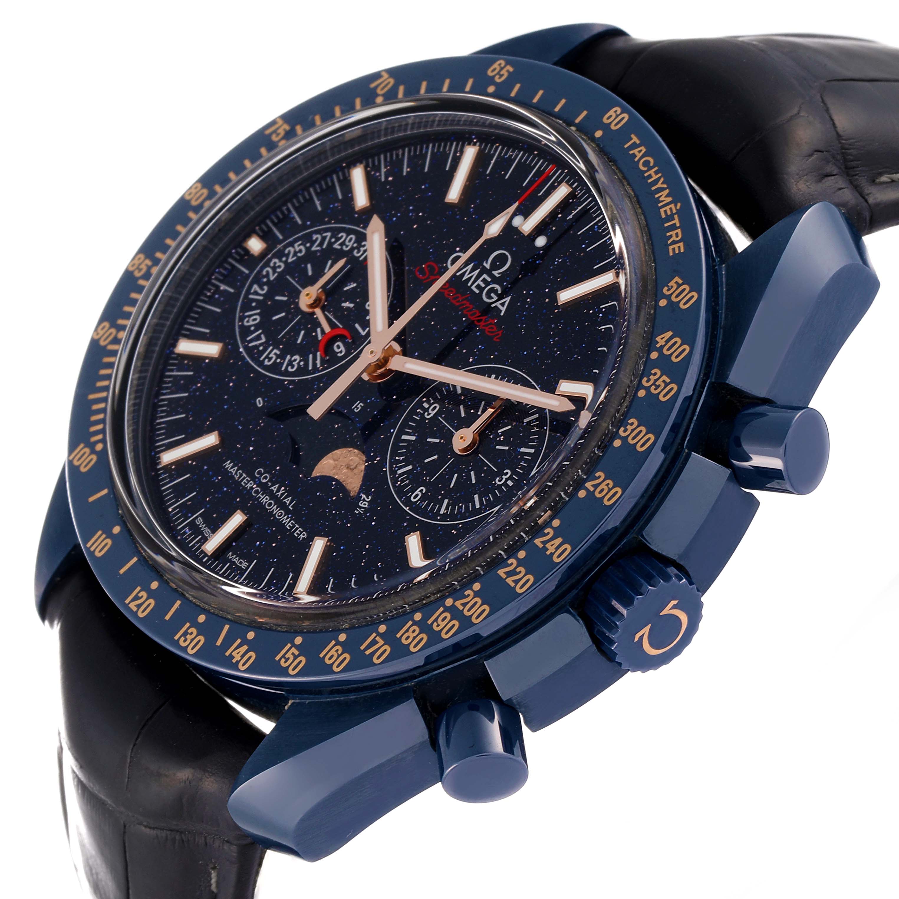 The image showcases the dial and side view of the Omega Speedmaster 304.93.44.52.03.002 Men's Ceramic Blue Dial 304.93.44.52.03.002 Men's Ceramic Blue Dial watch, highlighting its buttons, crown, and bezel.