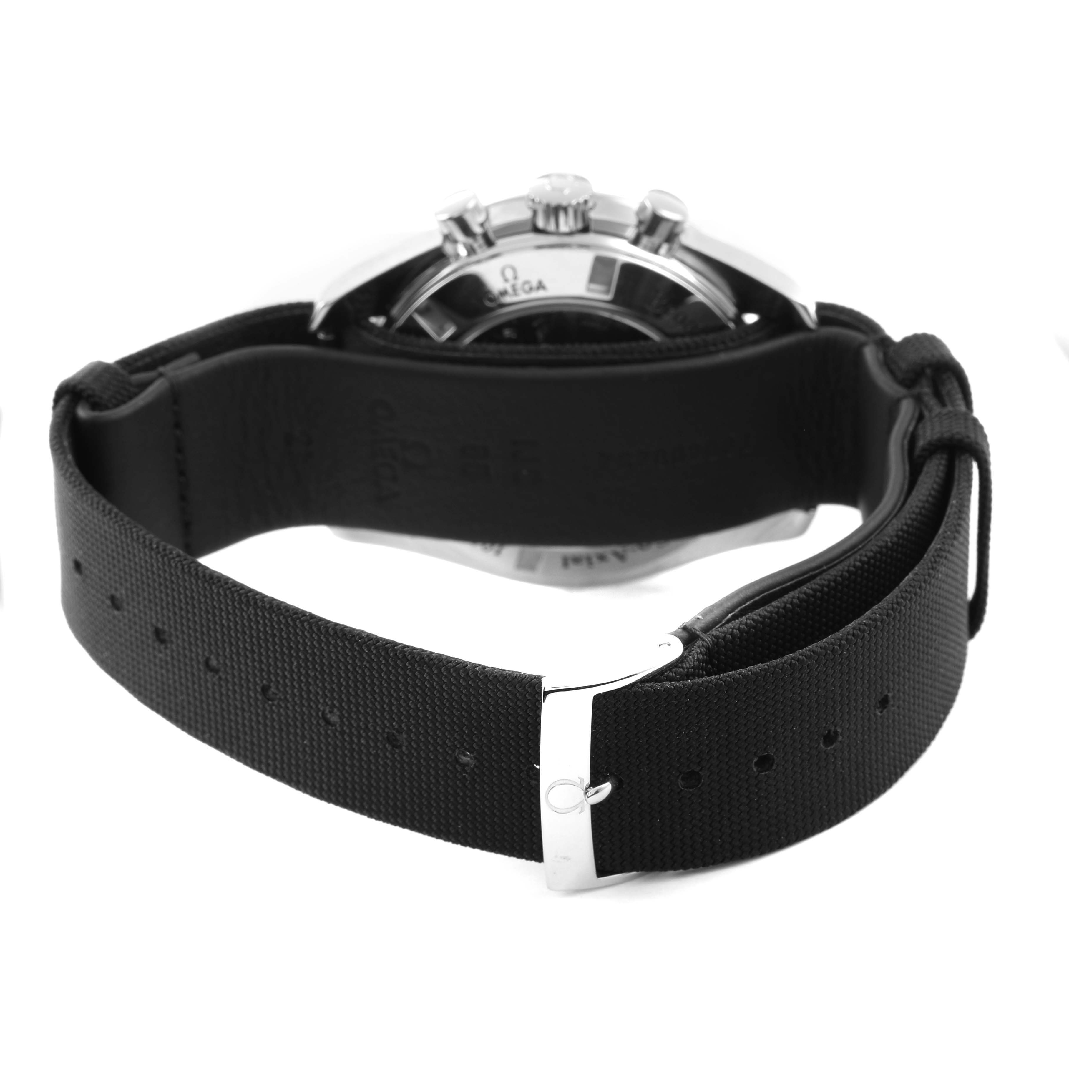 The Omega Speedmaster 321.13.44.50.01.001 Men's Stainless Steel Black Dial watch is shown from the back, highlighting its case and black strap with a metal buckle.