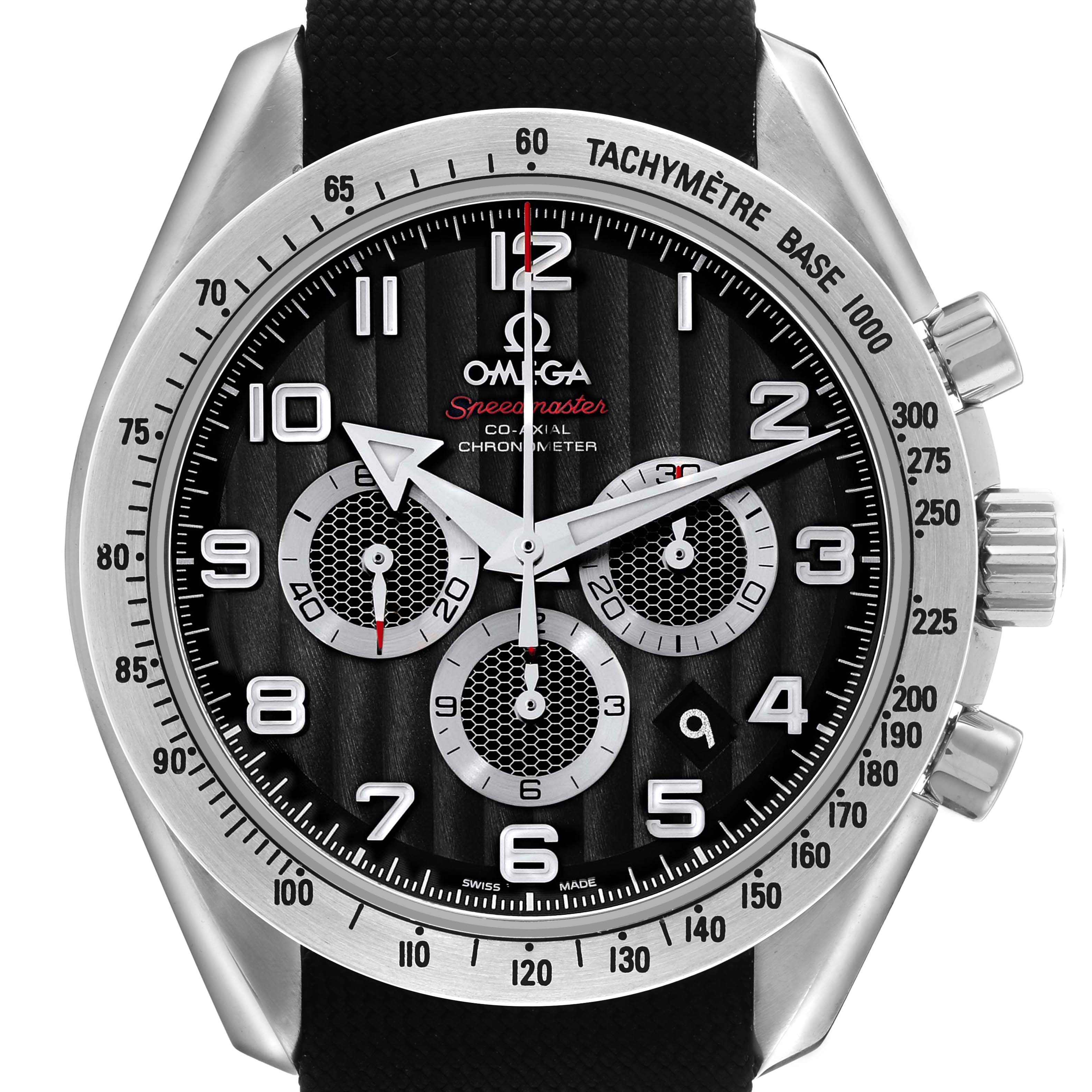 The Omega Speedmaster 321.13.44.50.01.001 Men's Stainless Steel Black Dial watch is shown from a front angle, displaying the dial, bezel, and pushers.