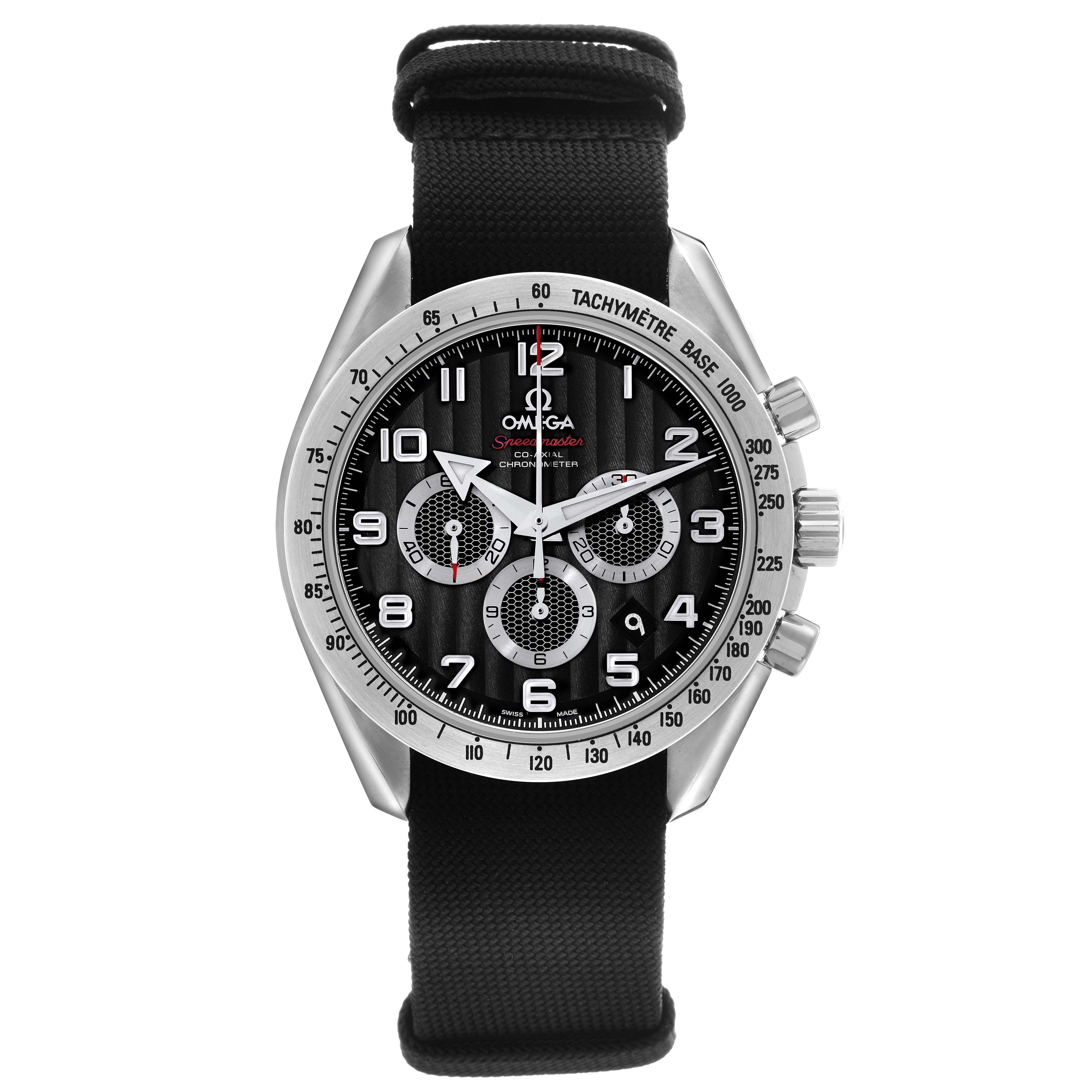 The Omega Speedmaster 321.13.44.50.01.001 Men's Stainless Steel Black Dial watch is shown from a frontal angle, highlighting the dial, bezel, and pushers, with a black strap.