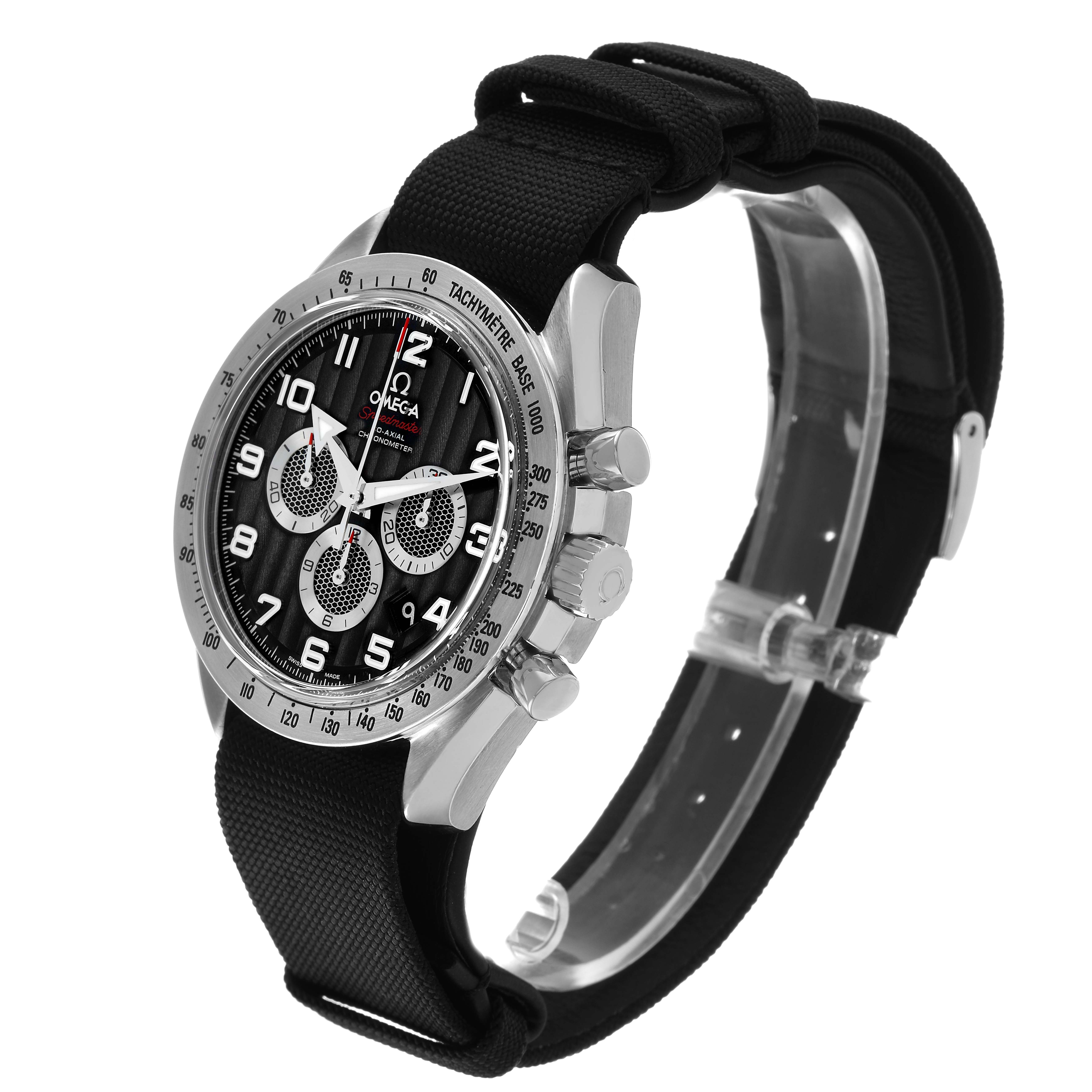 The Omega Speedmaster 321.13.44.50.01.001 Men's Stainless Steel Black Dial watch is shown at a three-quarter angle, displaying the face, side pushers, and black strap.