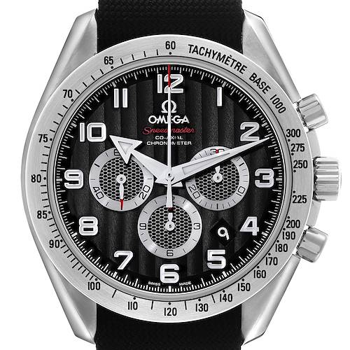 The Omega Speedmaster 321.13.44.50.01.001 Men's Stainless Steel Black Dial watch is shown from a front angle, displaying the dial, bezel, and side pushers.
