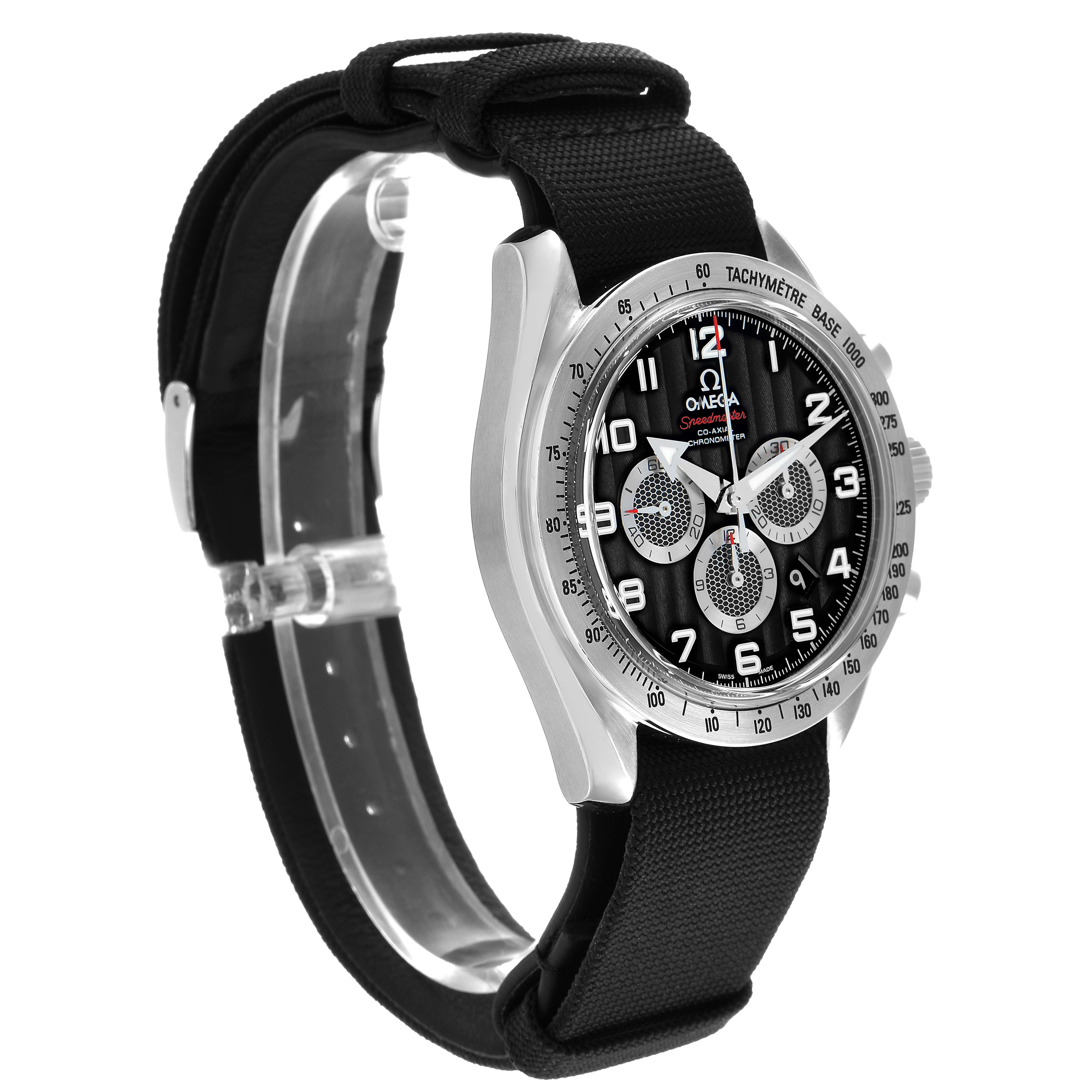 The Omega Speedmaster 321.13.44.50.01.001 Men's Stainless Steel Black Dial watch is shown at an angled side view, displaying the face, bezel, and strap.