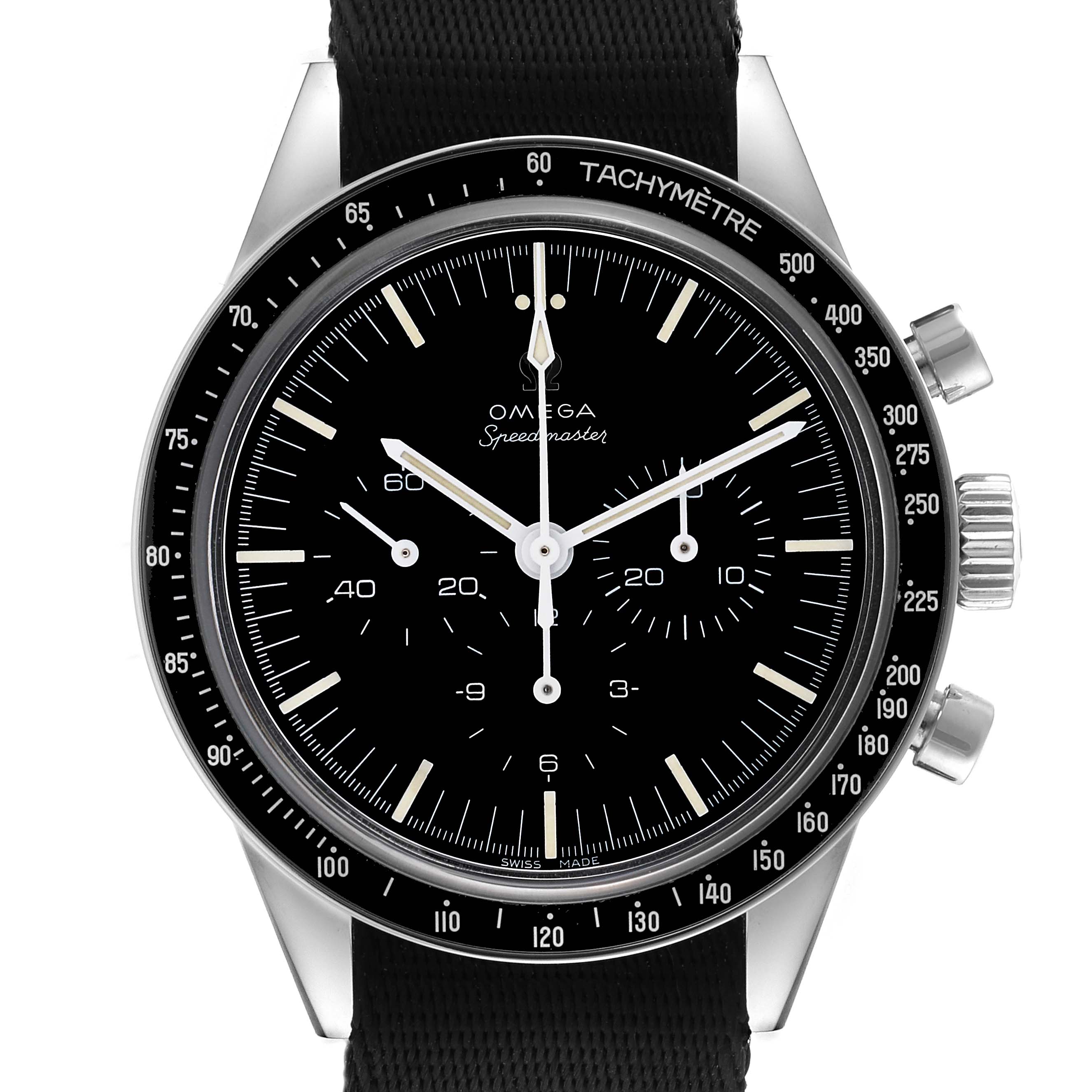 This is a front view of the Omega Speedmaster 311.30.40.30.01.001 Men
s Stainless Steel Black Dial 311.30.40.30.01.001 Men
s Stainless Steel Black Dial watch displaying its black dial, chronograph subdials, tachymeter bezel, and pushers.