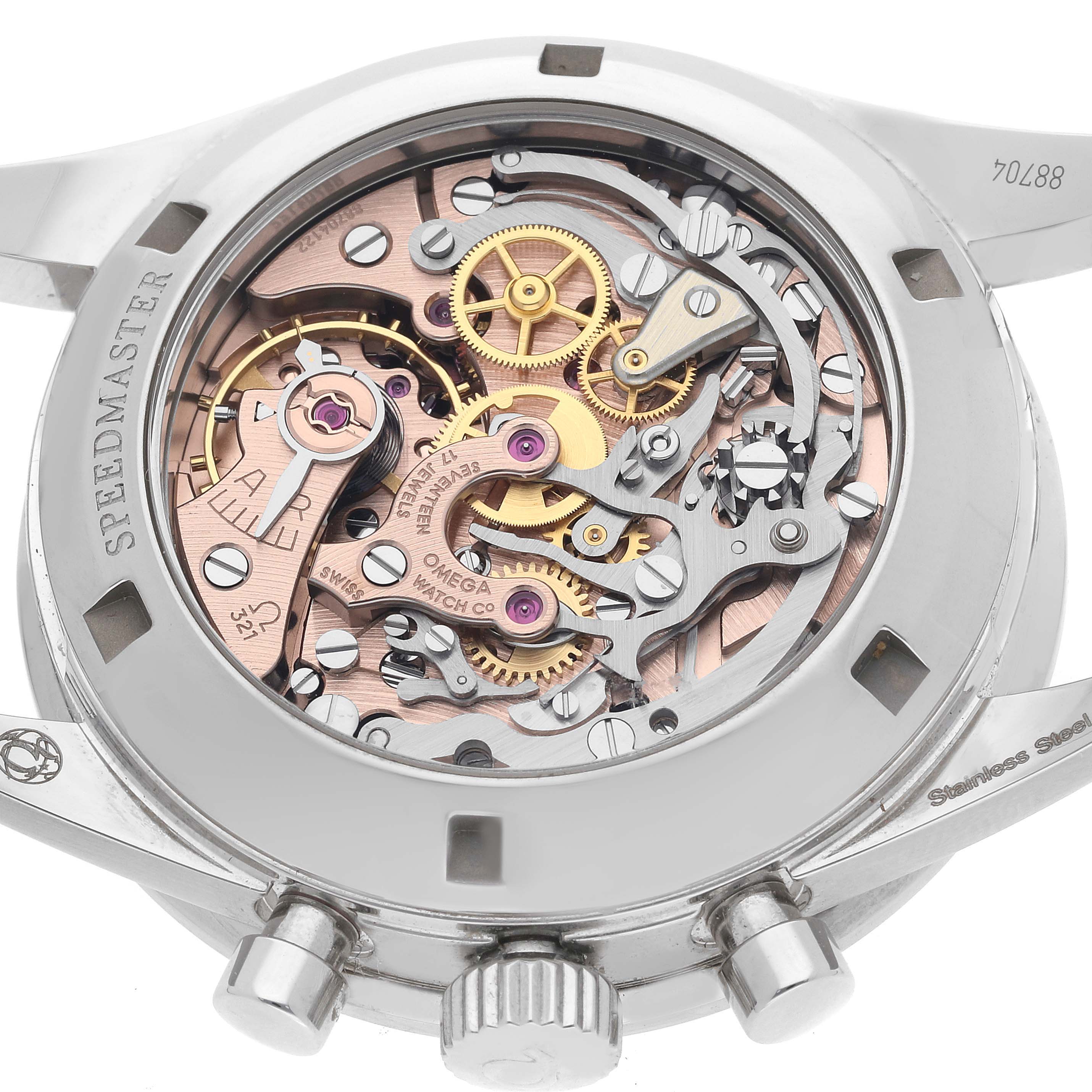 The image shows the back of an Omega Speedmaster 311.30.40.30.01.001 Men
s Stainless Steel Black Dial 311.30.40.30.01.001 Men
s Stainless Steel Black Dial watch, highlighting its intricate mechanical movement and internal components.