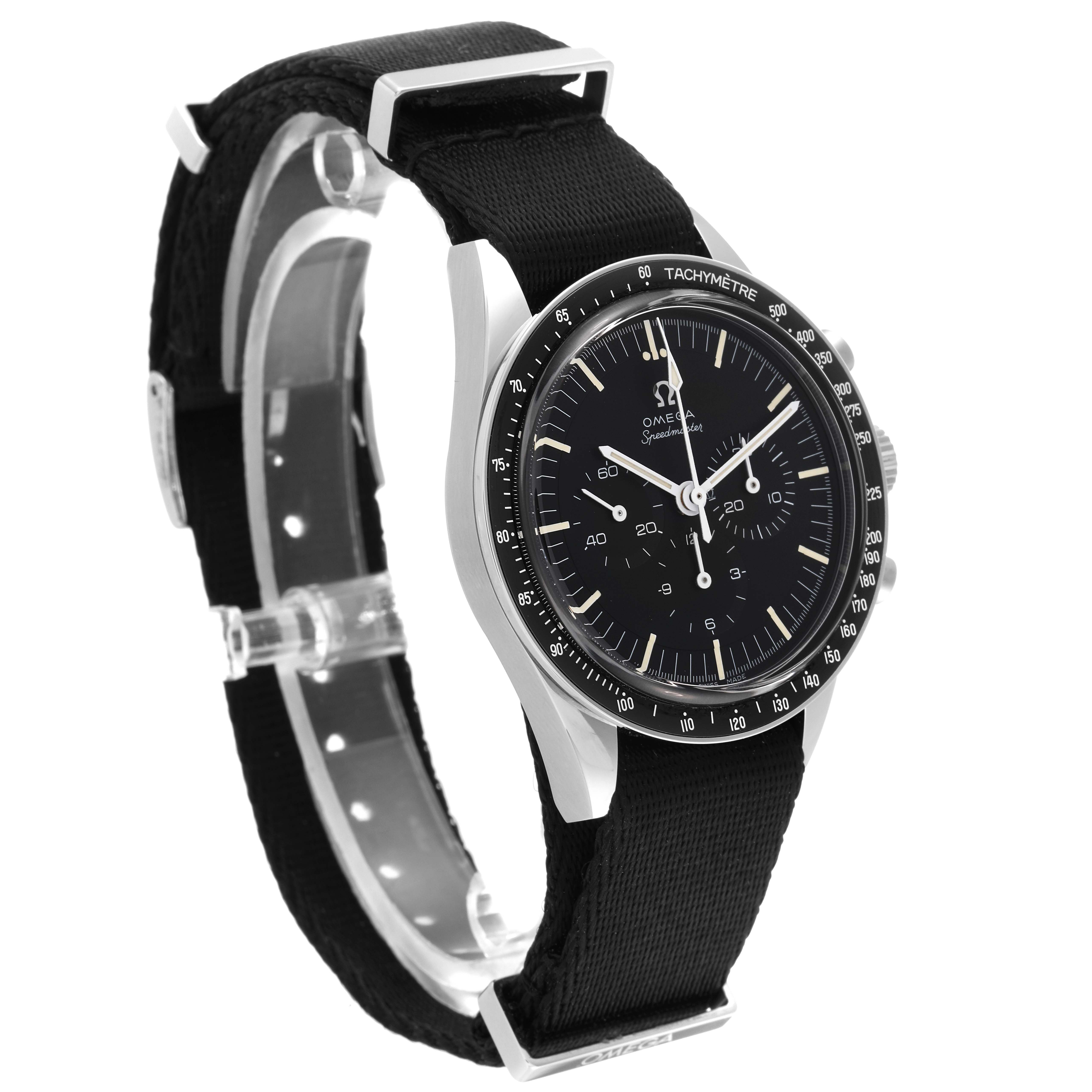 The image shows an Omega Speedmaster 311.30.40.30.01.001 Men
s Stainless Steel Black Dial 311.30.40.30.01.001 Men
s Stainless Steel Black Dial watch at a three-quarter angle, highlighting its face and strap.