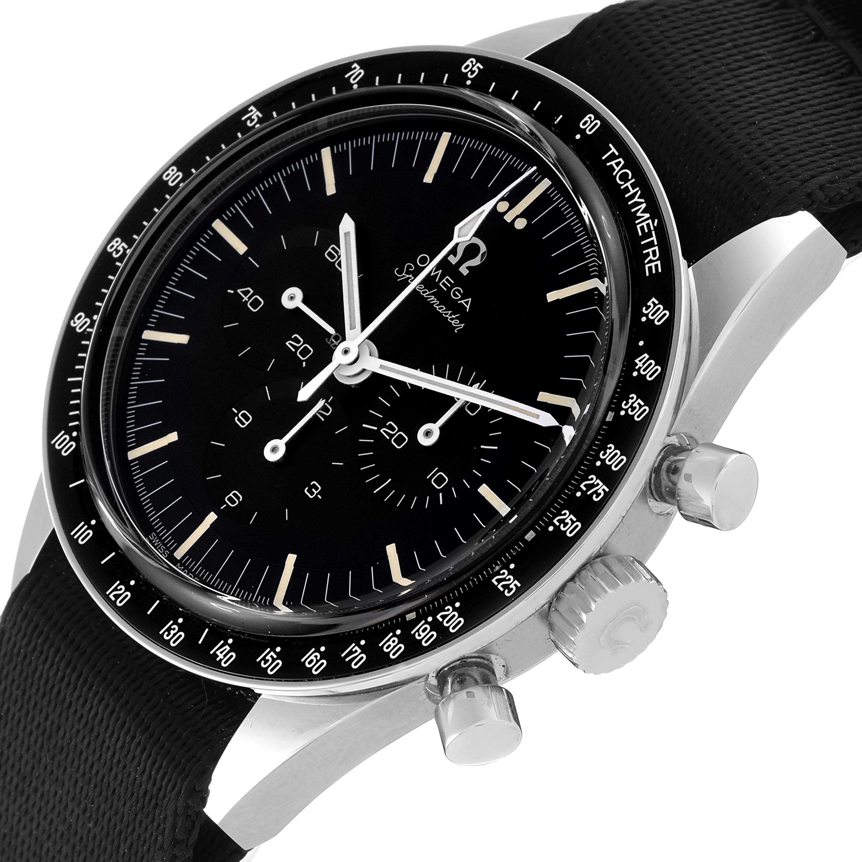 The image shows an angled view of an Omega Speedmaster 311.30.40.30.01.001 Men
s Stainless Steel Black Dial 311.30.40.30.01.001 Men
s Stainless Steel Black Dial watch, showcasing the dial, bezel, crown, pushers, and strap.
