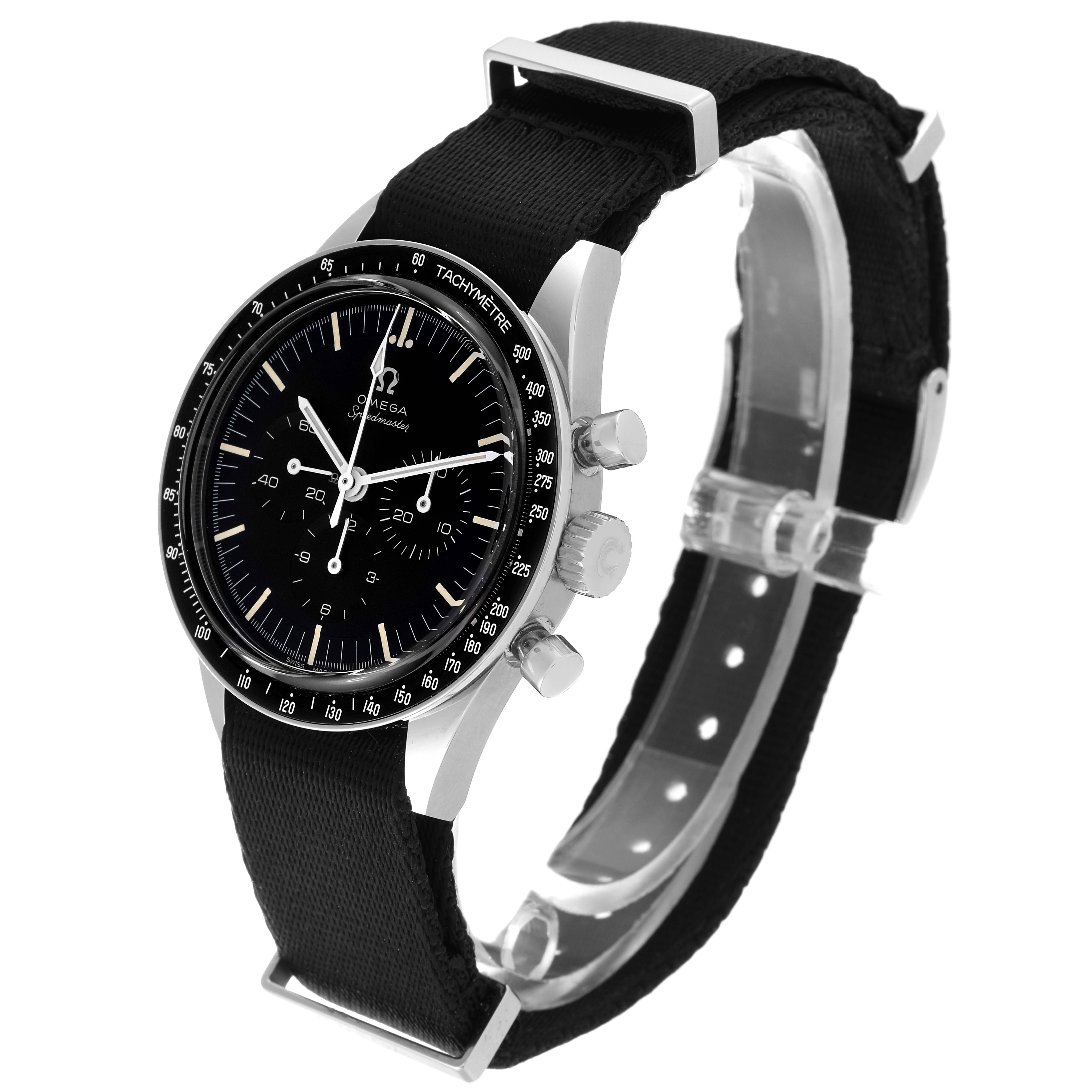 This image shows an Omega Speedmaster 311.30.40.30.01.001 Men
s Stainless Steel Black Dial 311.30.40.30.01.001 Men
s Stainless Steel Black Dial watch at a three-quarter angle, highlighting the face, bezel, crown, pushers, and strap.