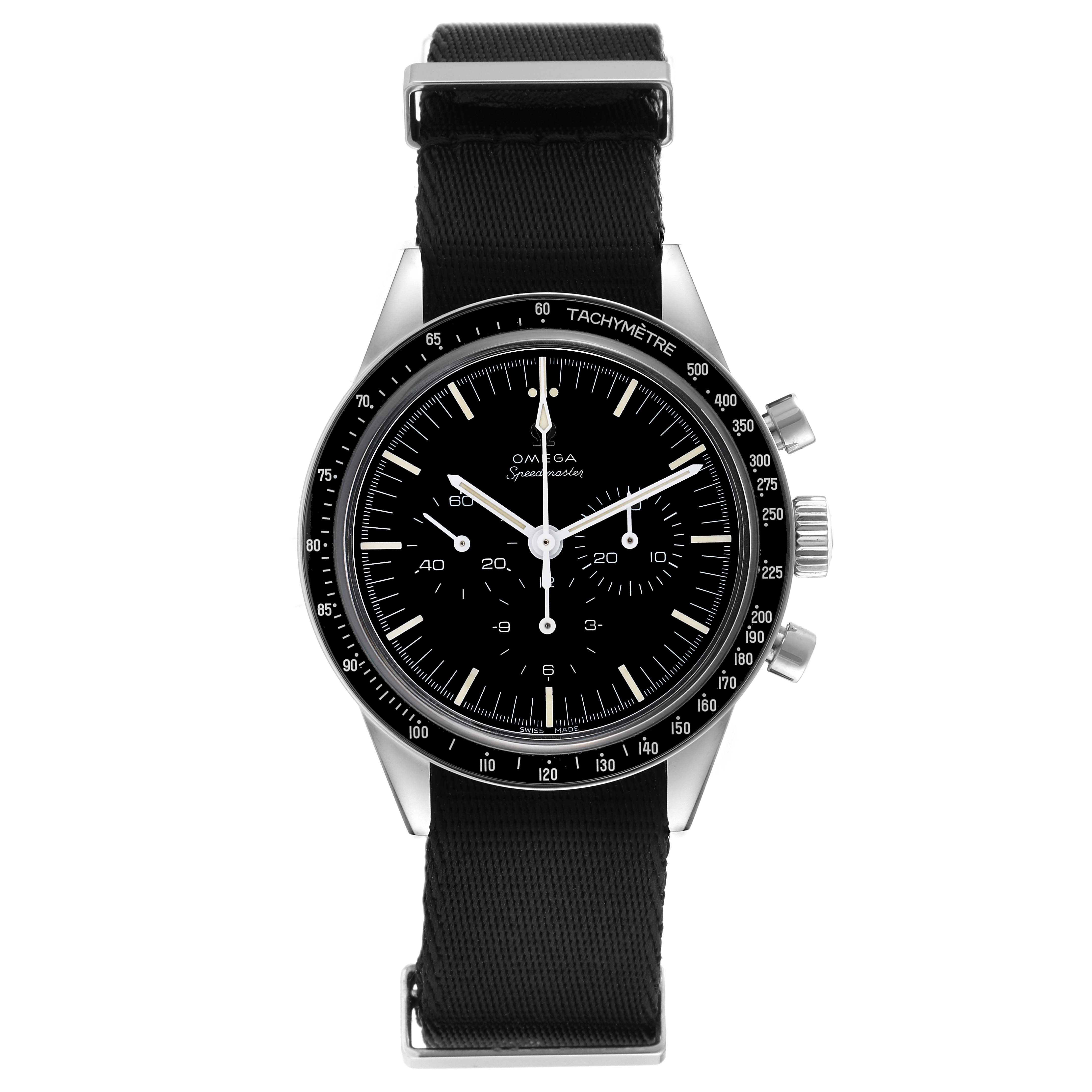 The Omega Speedmaster 311.30.40.30.01.001 Men
s Stainless Steel Black Dial 311.30.40.30.01.001 Men
s Stainless Steel Black Dial watch is shown from the front, displaying its black dial, tachymeter bezel, and black NATO strap.