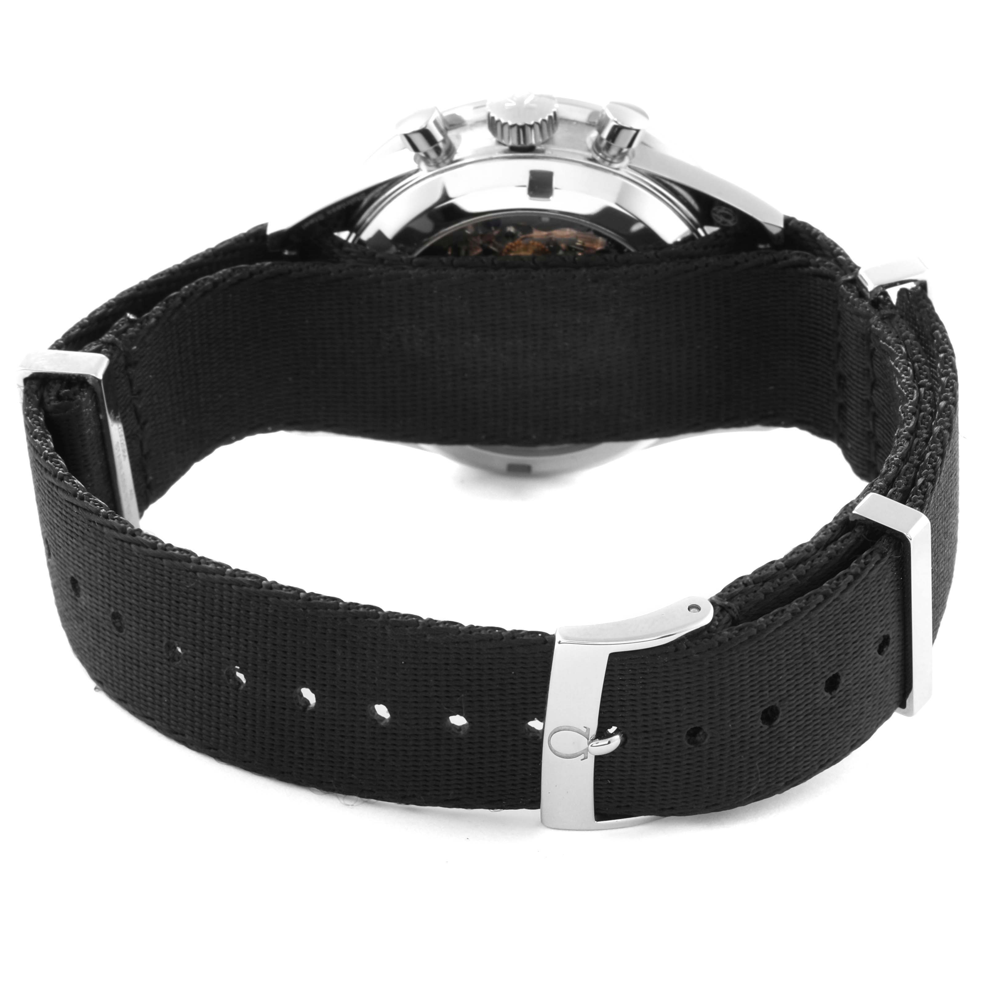 The Omega Speedmaster 311.30.40.30.01.001 Men
s Stainless Steel Black Dial 311.30.40.30.01.001 Men
s Stainless Steel Black Dial watch is shown from a rear angle, highlighting the black strap and the caseback with visible lugs and clasp.