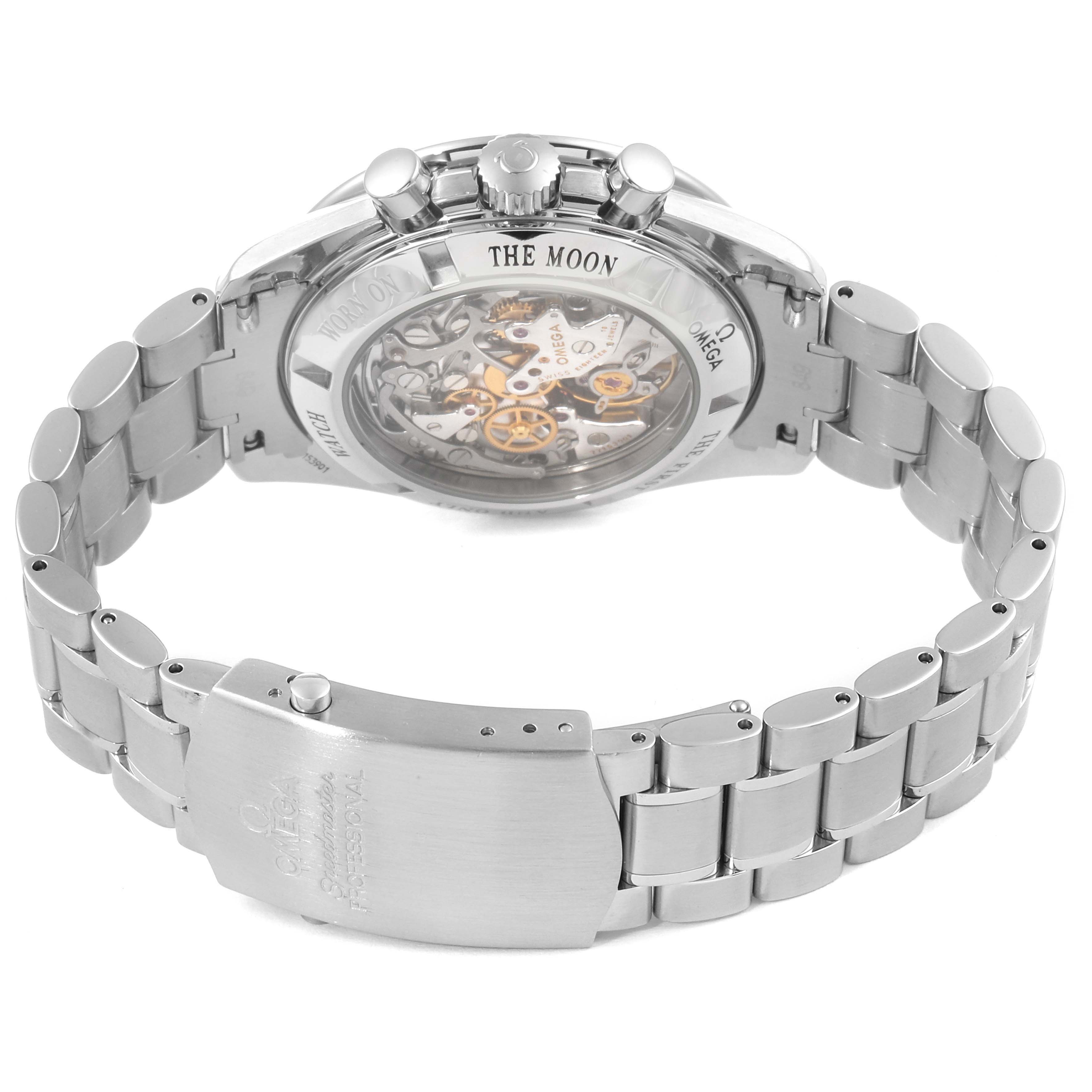 The image shows the back and bracelet of an Omega Speedmaster 3573.50.00 Men's Stainless Steel Black Dial 3573.50.00 Men's Stainless Steel Black Dial, highlighting its transparent case back and visible mechanisms.