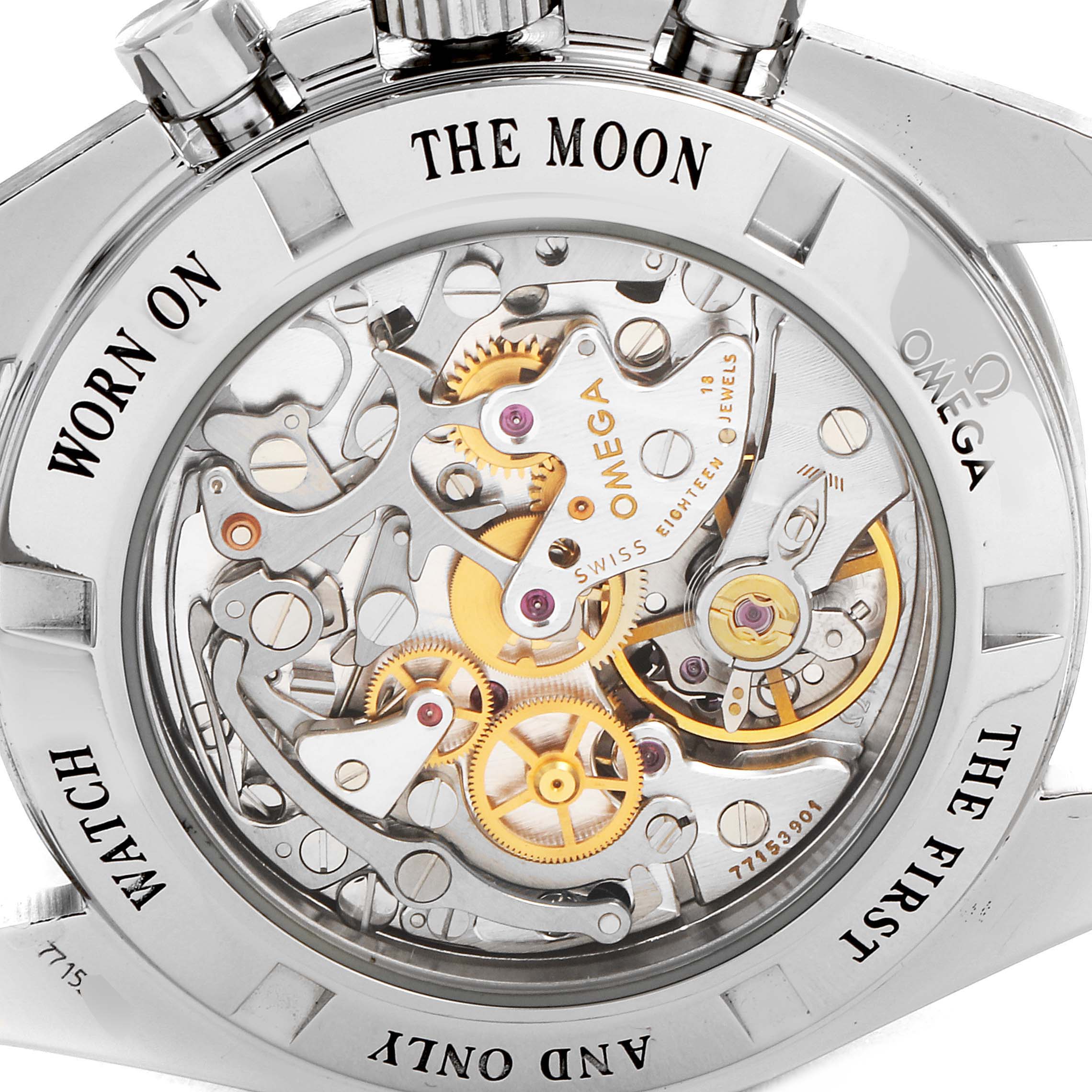 The image shows the case back of the Omega Speedmaster 3573.50.00 Men's Stainless Steel Black Dial 3573.50.00 Men's Stainless Steel Black Dial, highlighting its intricate mechanical movement.