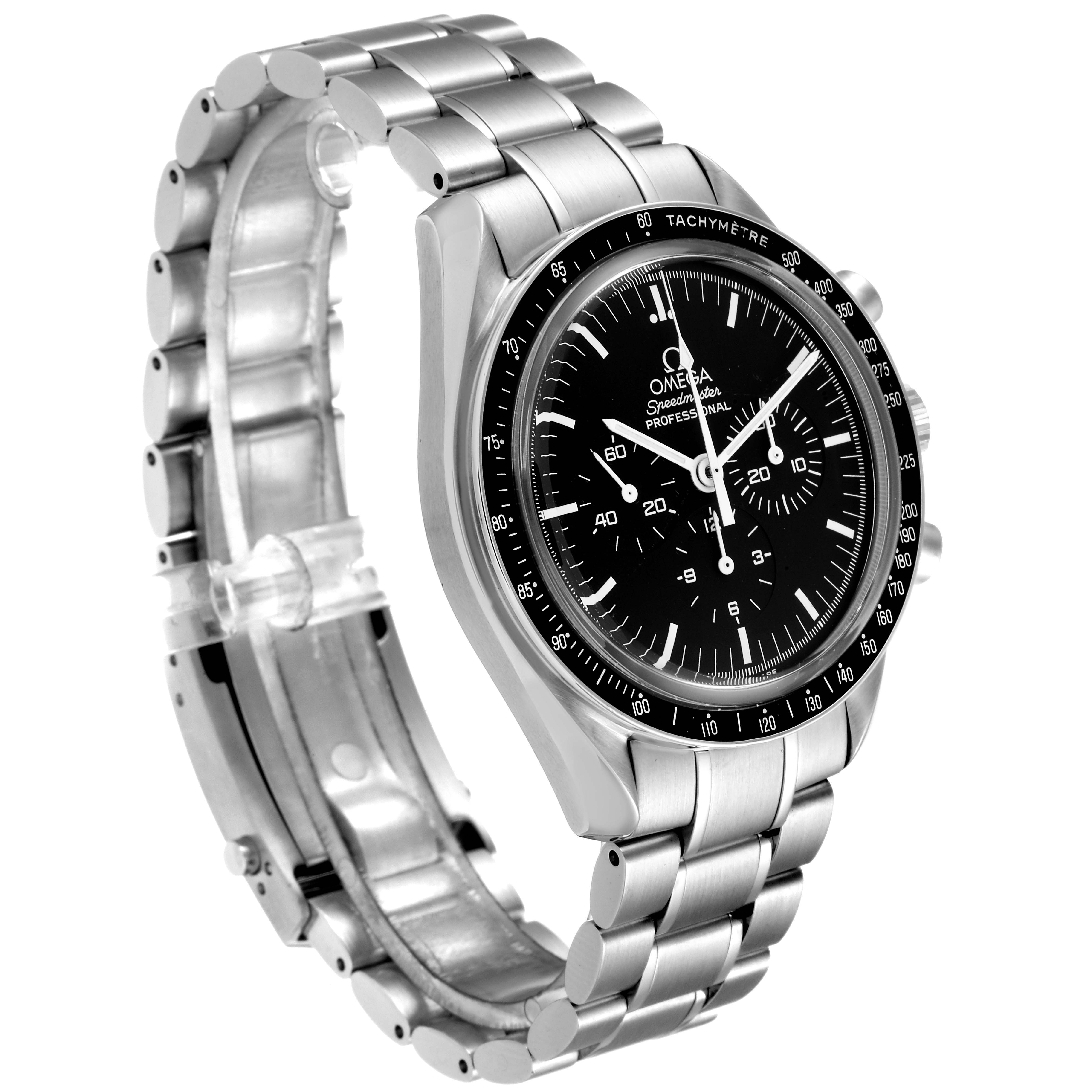 The image shows an angled view of the Omega Speedmaster 3573.50.00 Men's Stainless Steel Black Dial 3573.50.00 Men's Stainless Steel Black Dial watch, highlighting its dial, bezel, and stainless steel bracelet.