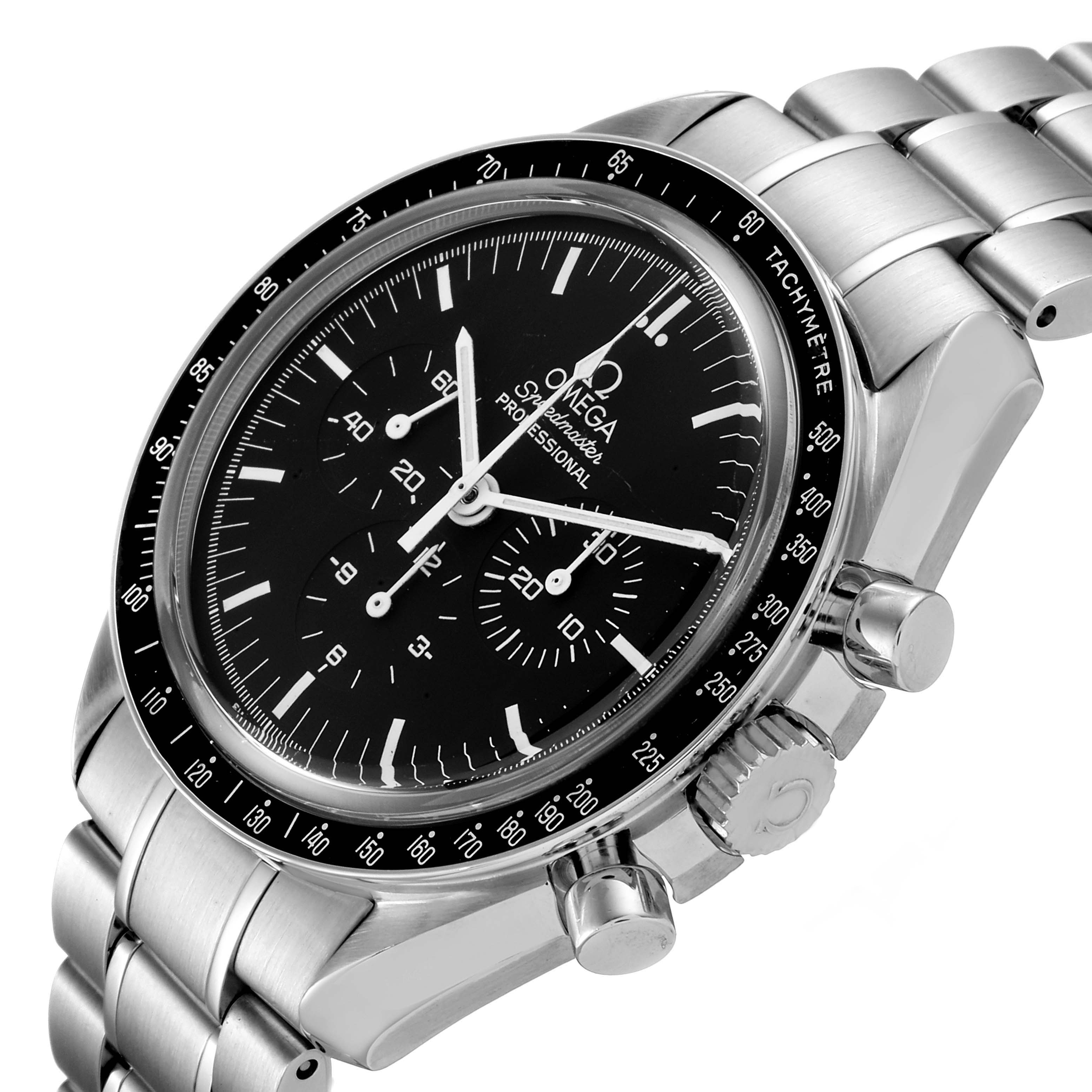 The Omega Speedmaster 3573.50.00 Men's Stainless Steel Black Dial 3573.50.00 Men's Stainless Steel Black Dial watch is shown at an angle displaying its face, bezel, tachymeter scale, crown, pushers, and stainless steel bracelet.