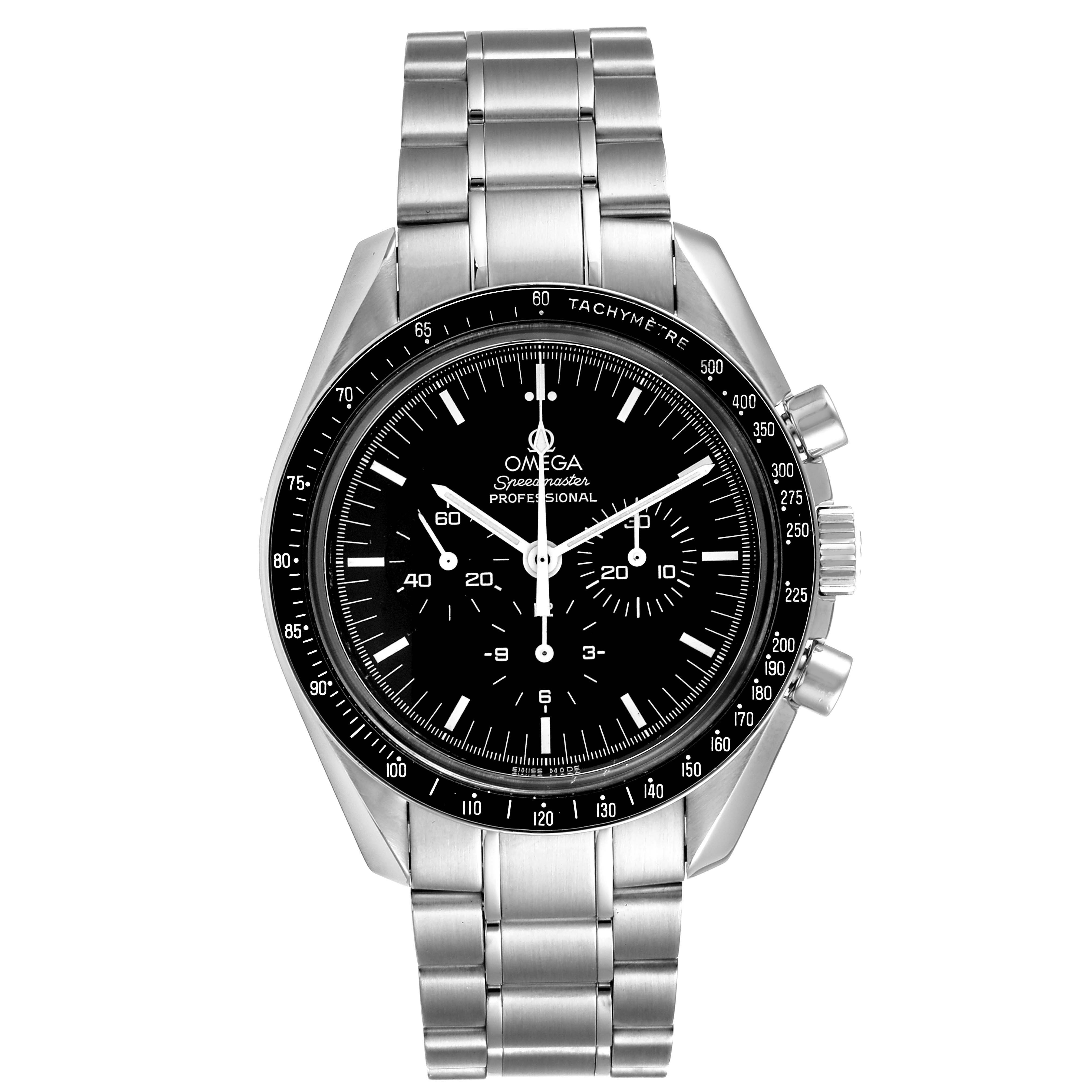 This is a front view of the Omega Speedmaster 3573.50.00 Men's Stainless Steel Black Dial 3573.50.00 Men's Stainless Steel Black Dial watch, showing the dial, bezel, and metal bracelet.