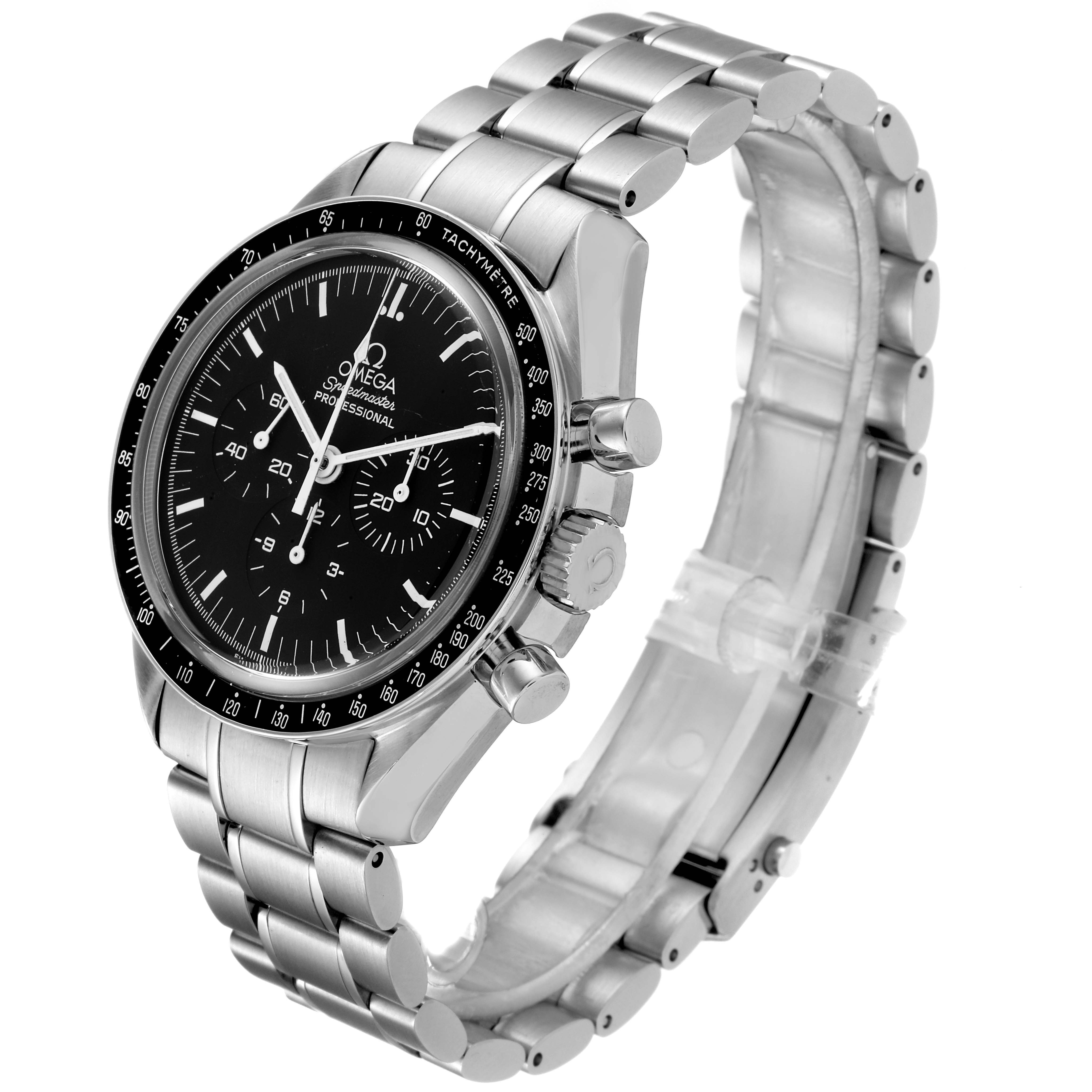This image shows an angled view of the Omega Speedmaster 3573.50.00 Men's Stainless Steel Black Dial 3573.50.00 Men's Stainless Steel Black Dial watch, highlighting its face, bezel, pushers, and stainless steel bracelet.