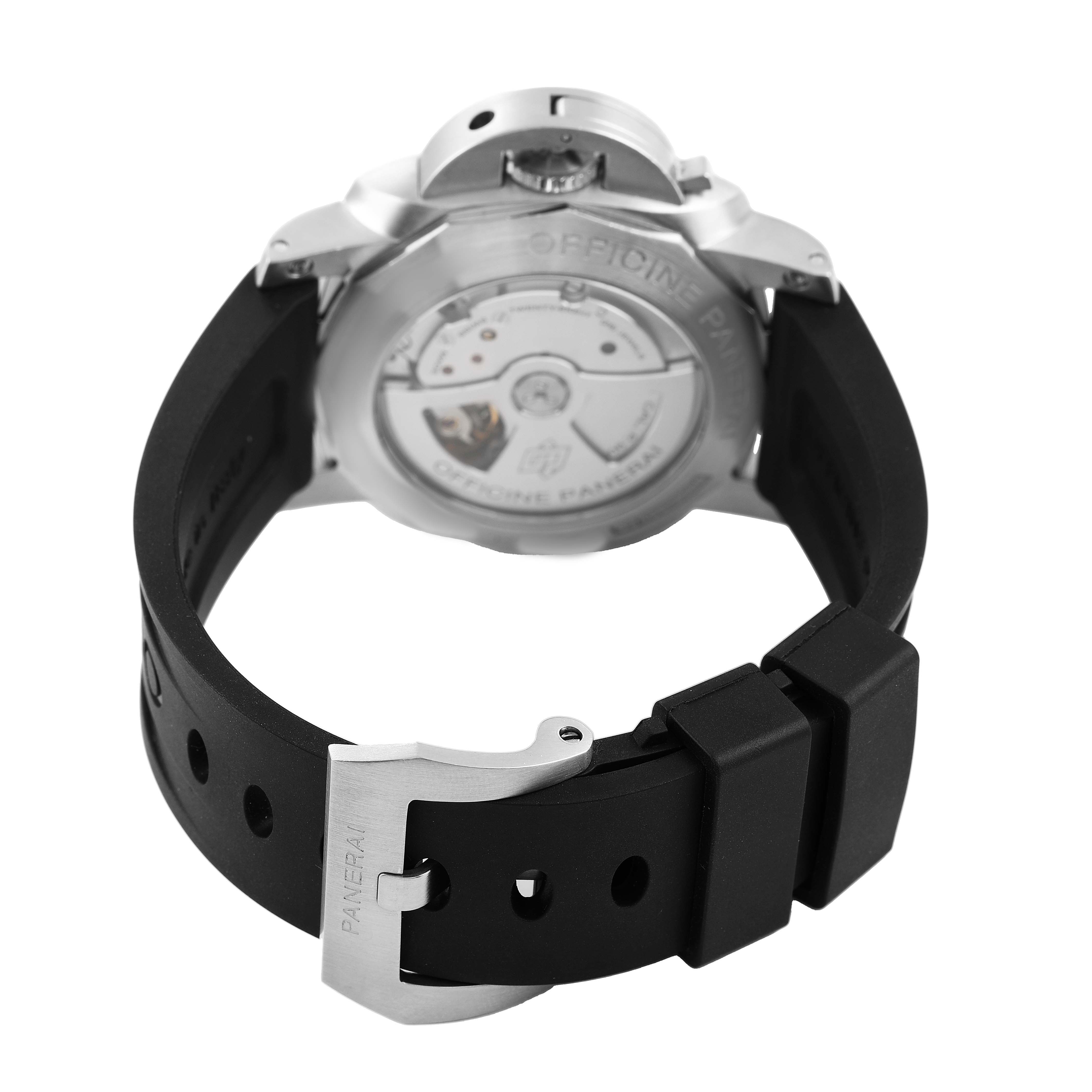 The image shows the back of a Panerai Luminor PAM00312 Men's Stainless Steel Black Dial watch, highlighting its transparent case back and black strap with a buckle.