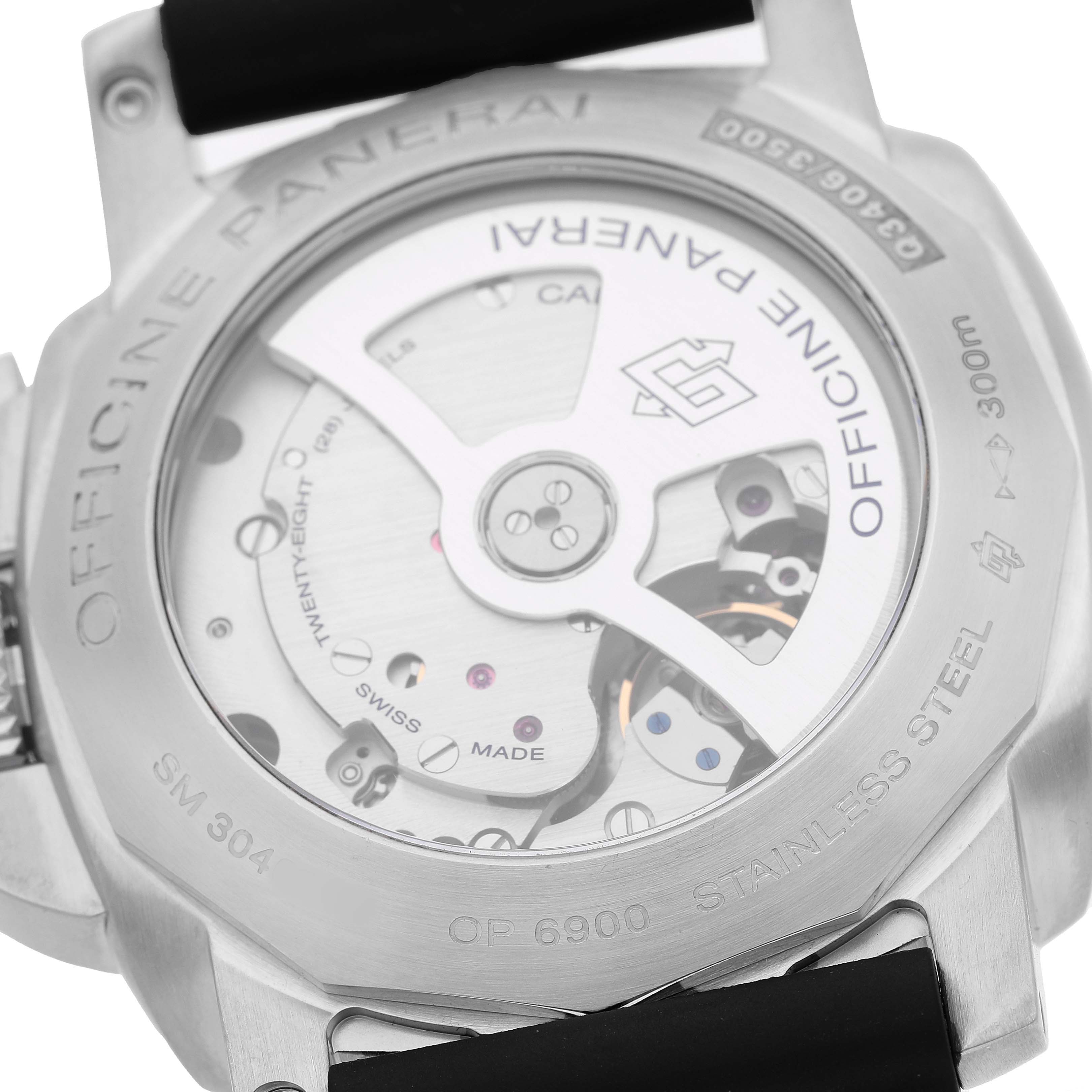 The image shows the back view of a Panerai Luminor PAM00312 Men's Stainless Steel Black Dial watch, highlighting its movement through the transparent case back.