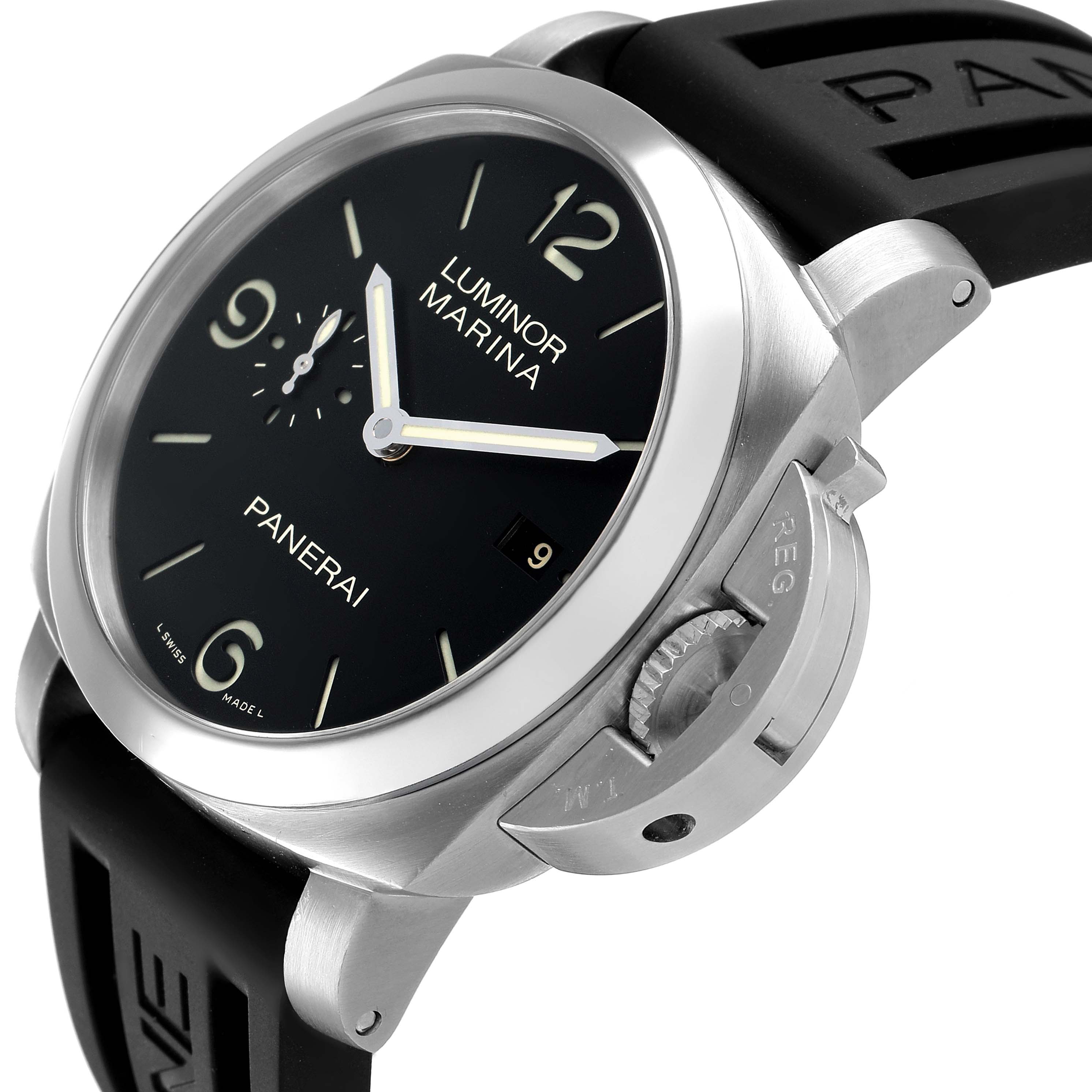 The Panerai Luminor PAM00312 Men's Stainless Steel Black Dial watch is shown at a side angle highlighting the dial, crown guard, and strap.