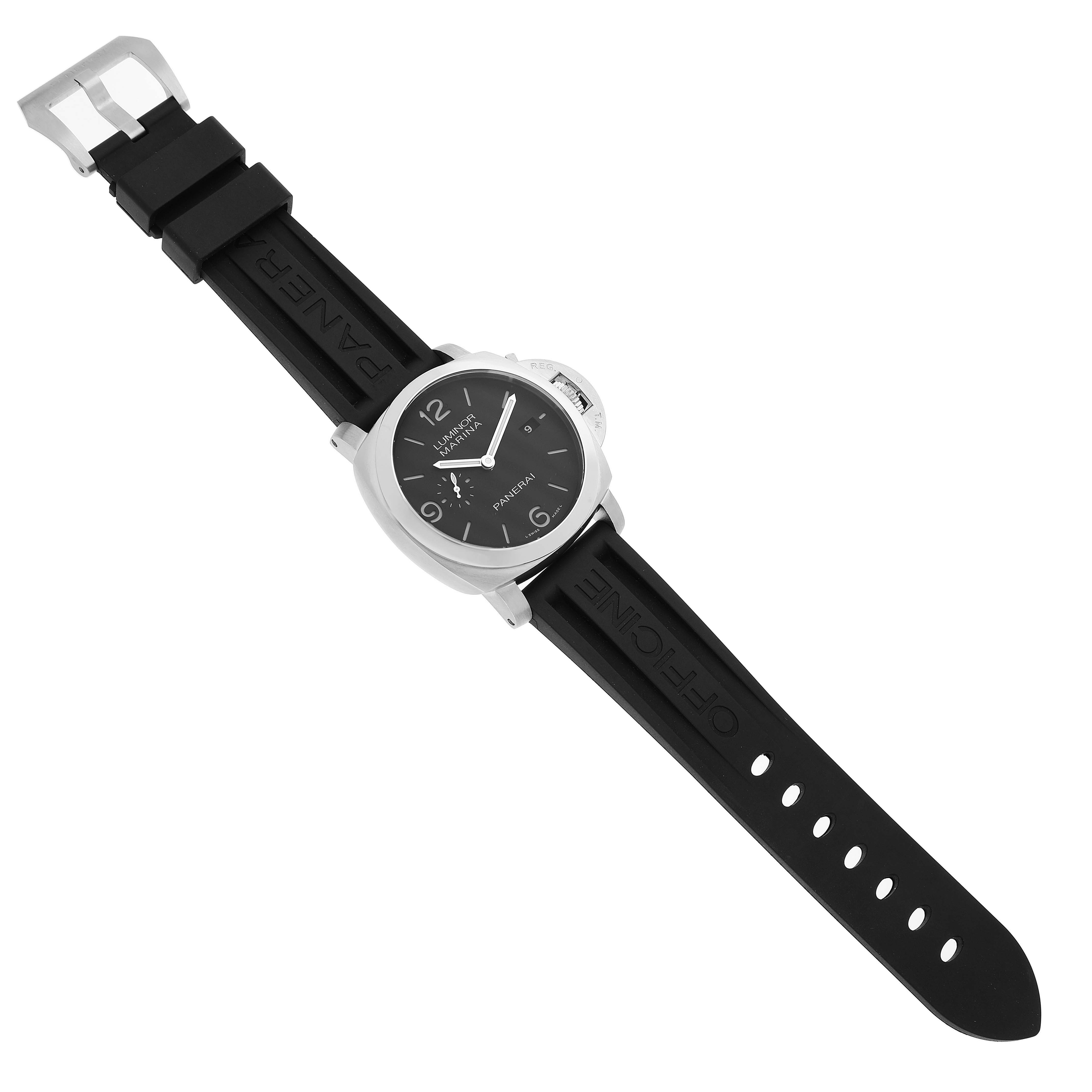 The Panerai Luminor PAM00312 Men's Stainless Steel Black Dial watch is shown from a slight overhead angle, highlighting the face, strap, and buckle.