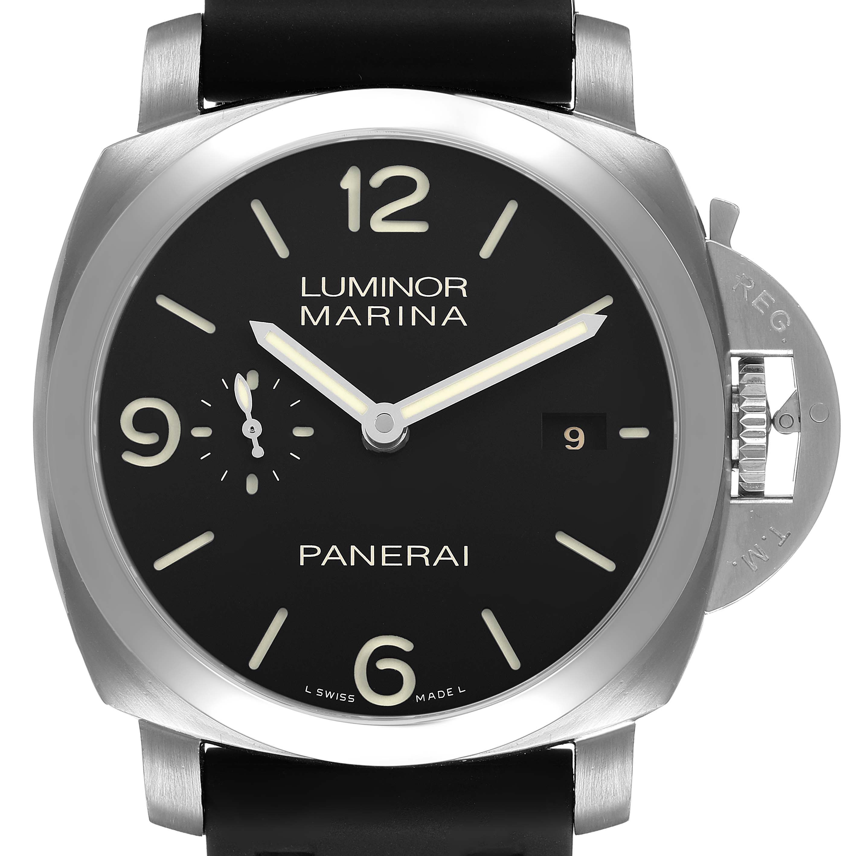 The Panerai Luminor PAM00312 Men's Stainless Steel Black Dial watch is shown from a front angle, displaying the dial, crown guard, and strap connection.