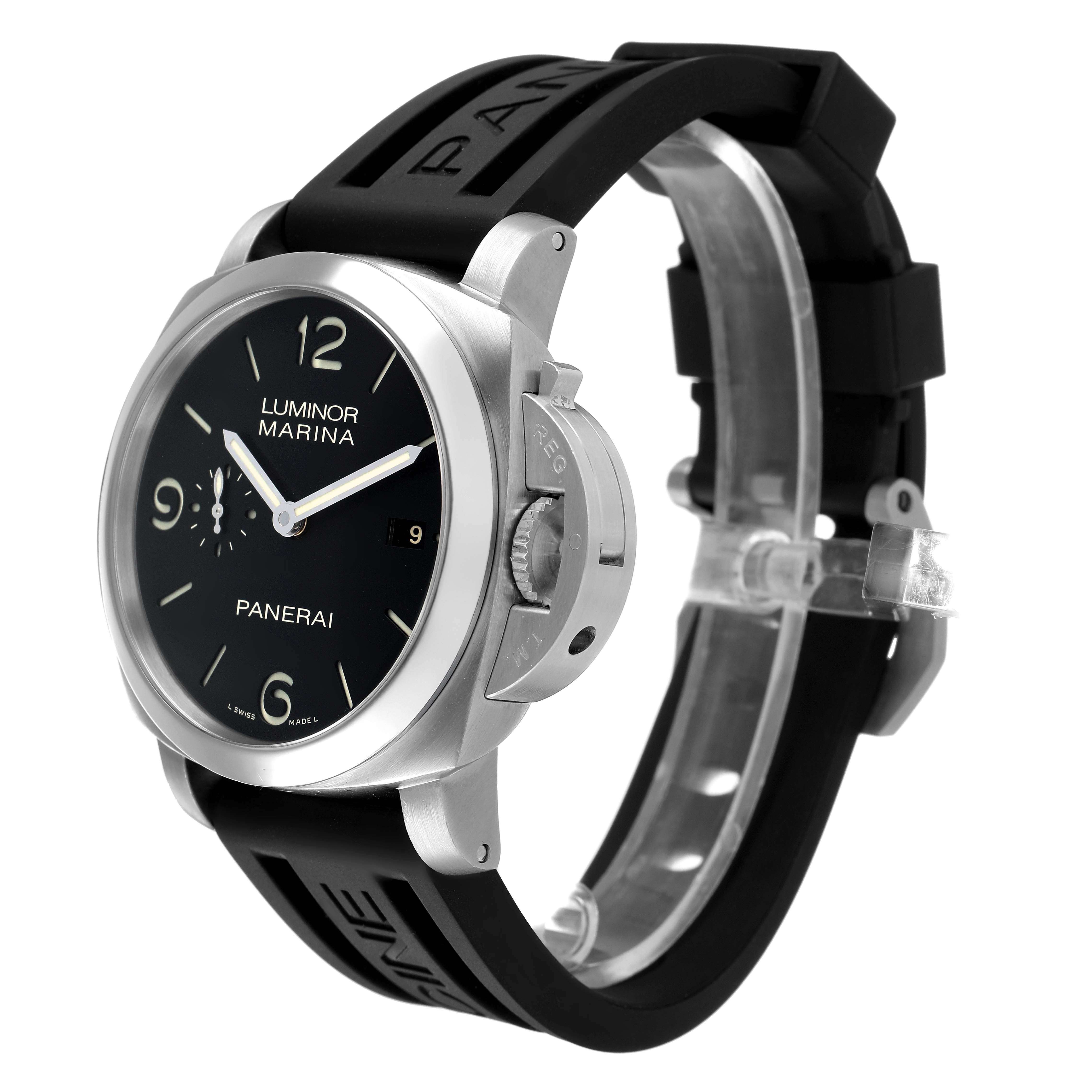 The Panerai Luminor PAM00312 Men's Stainless Steel Black Dial watch is shown at a three-quarter angle, highlighting the dial, strap, and crown guard.