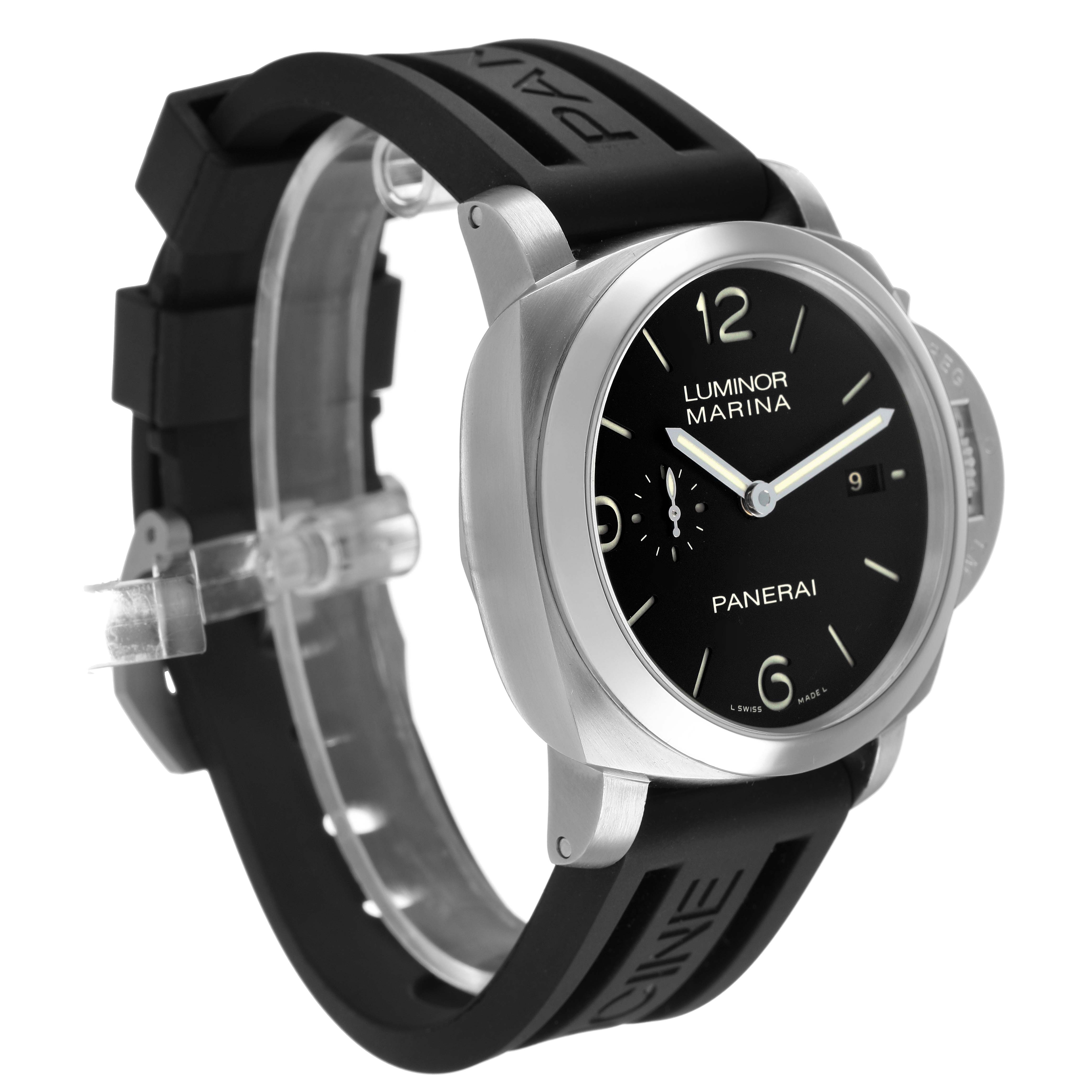 The Panerai Luminor PAM00312 Men's Stainless Steel Black Dial watch is shown at an angle highlighting the face, black strap, and crown guard.