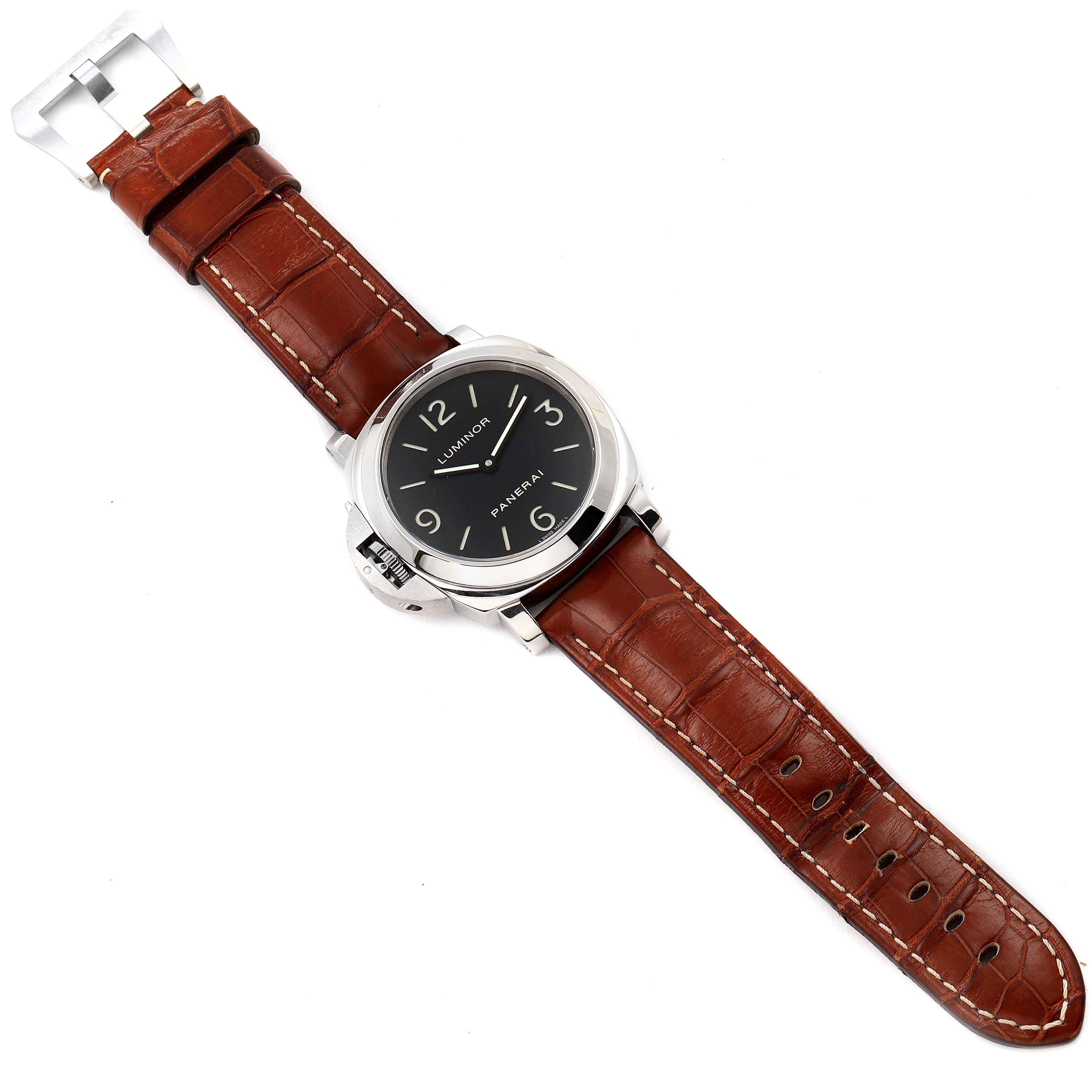 The image shows a bird's-eye view of a Panerai Luminor PAM00219 Men's Stainless Steel Black Dial PAM00219 Men's Stainless Steel Black Dial watch displaying its dial, case, and brown leather strap.