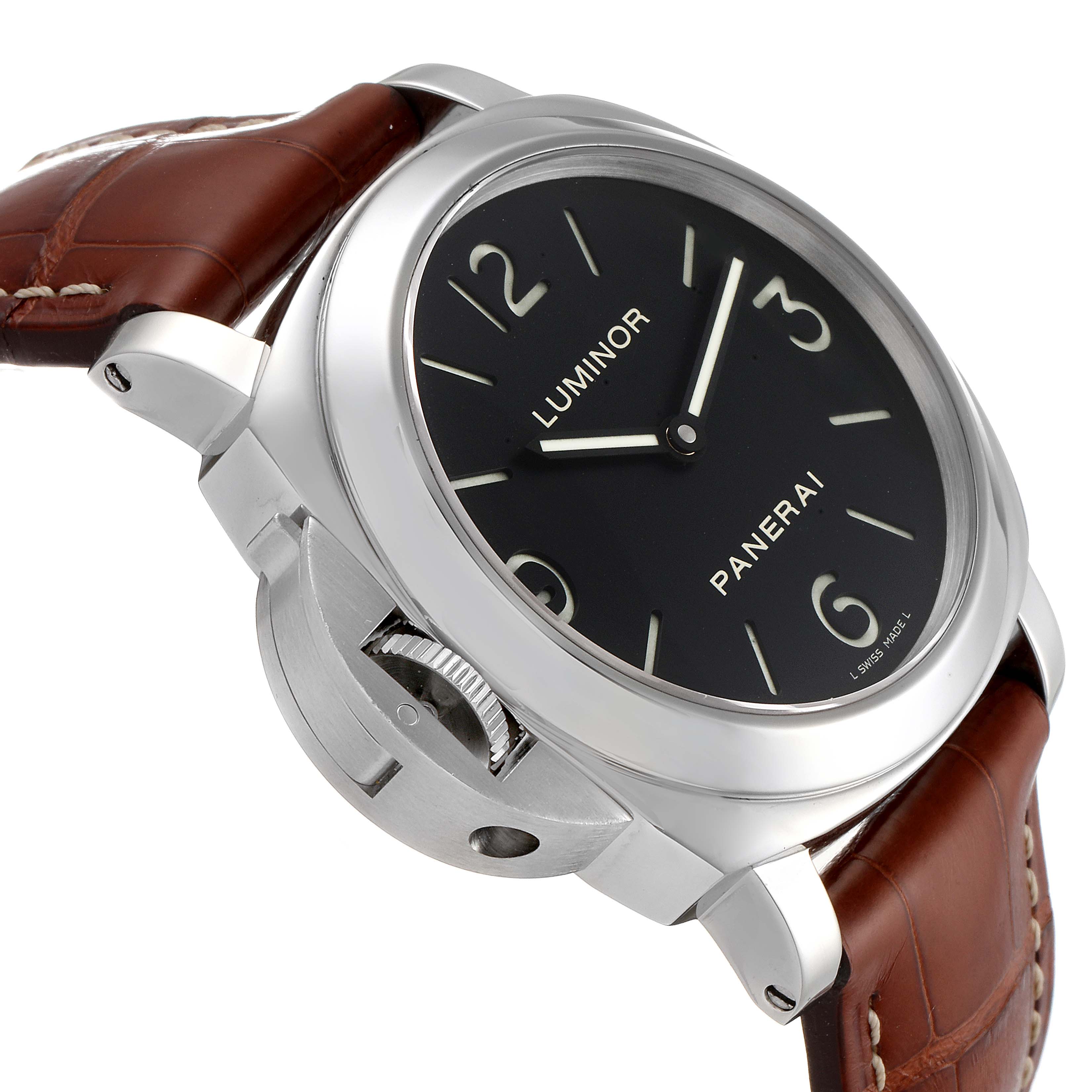 This image shows a close-up side angle of the Panerai Luminor PAM00219 Men's Stainless Steel Black Dial PAM00219 Men's Stainless Steel Black Dial watch, focusing on the crown protector and leather strap.