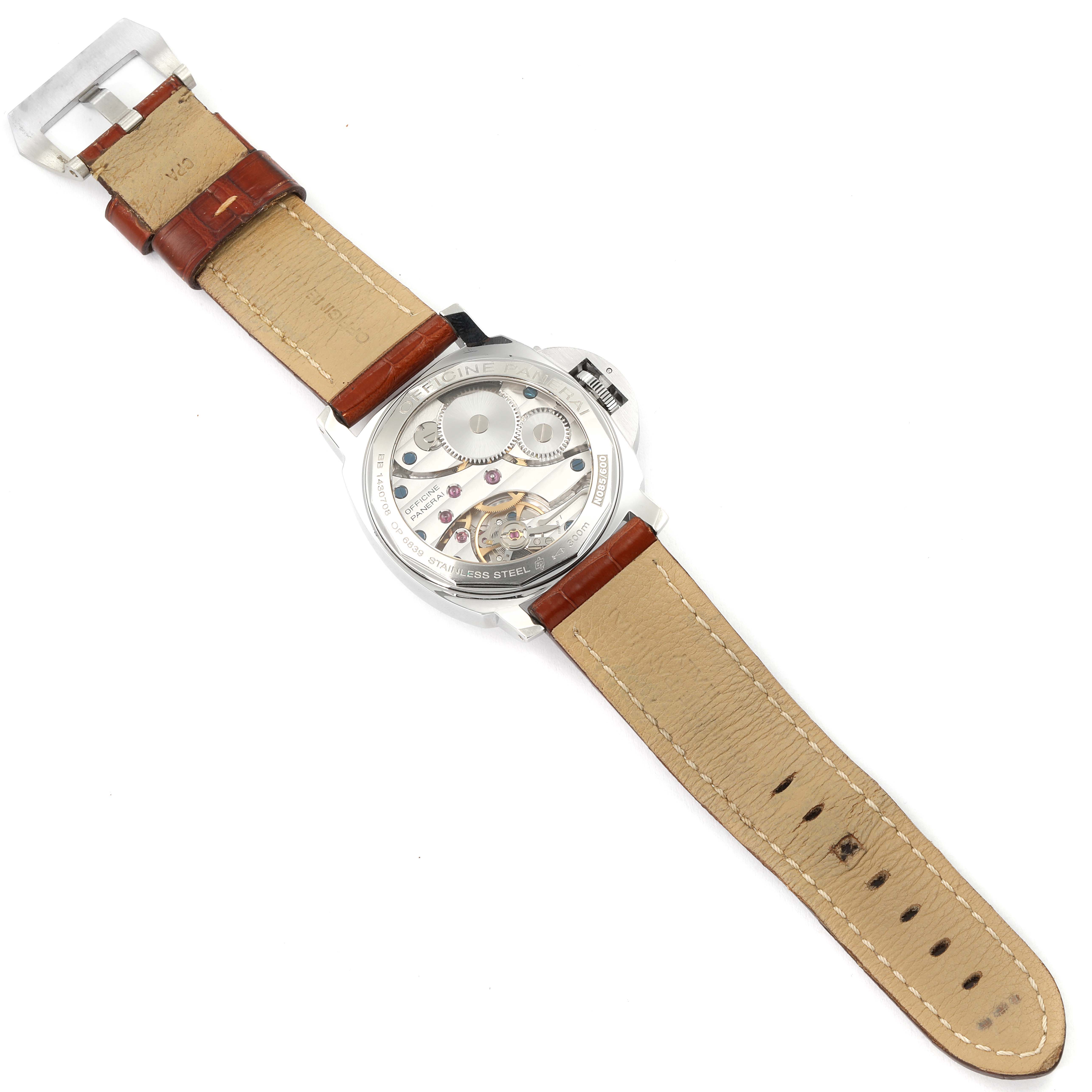 The image shows the back view of a Panerai Luminor PAM00219 Men's Stainless Steel Black Dial PAM00219 Men's Stainless Steel Black Dial watch with a clear case back and visible mechanical movement.