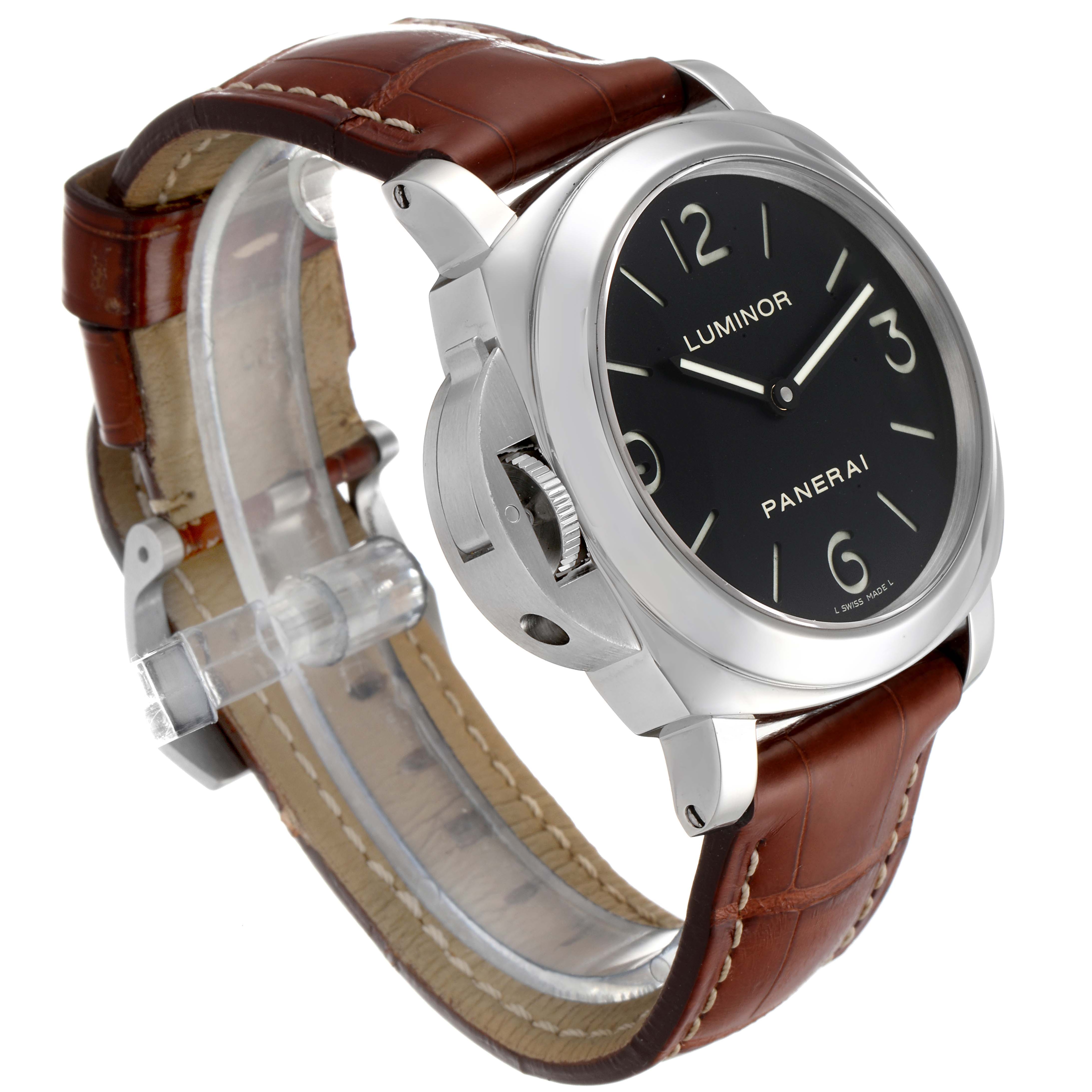 The image shows a Panerai Luminor PAM00219 Men's Stainless Steel Black Dial PAM00219 Men's Stainless Steel Black Dial watch at a three-quarter angle, highlighting the dial, case, crown guard, and leather strap.