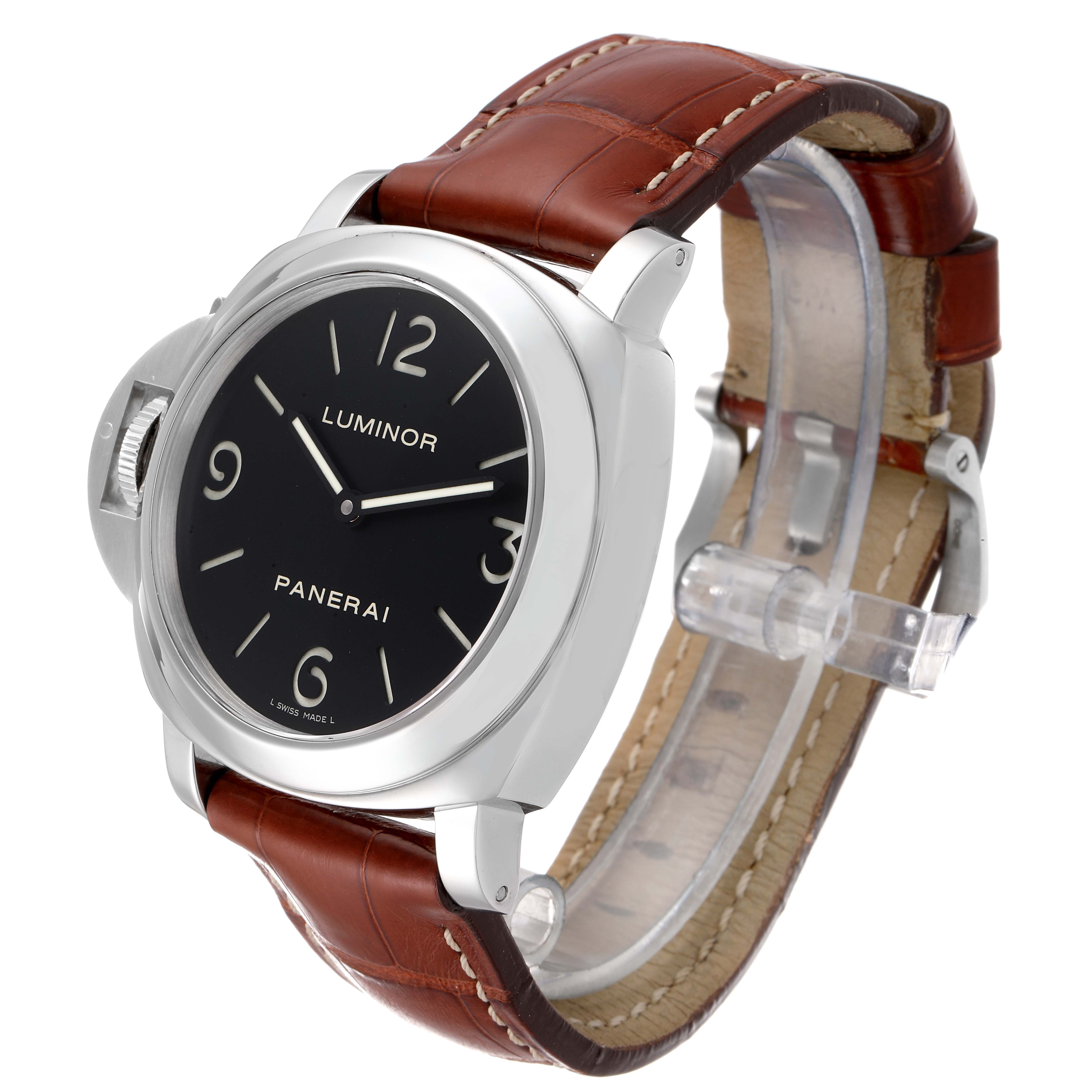 This Panerai Luminor PAM00219 Men's Stainless Steel Black Dial PAM00219 Men's Stainless Steel Black Dial watch is shown at a three-quarter angle, displaying its black dial, case, crown guard, and brown leather strap.