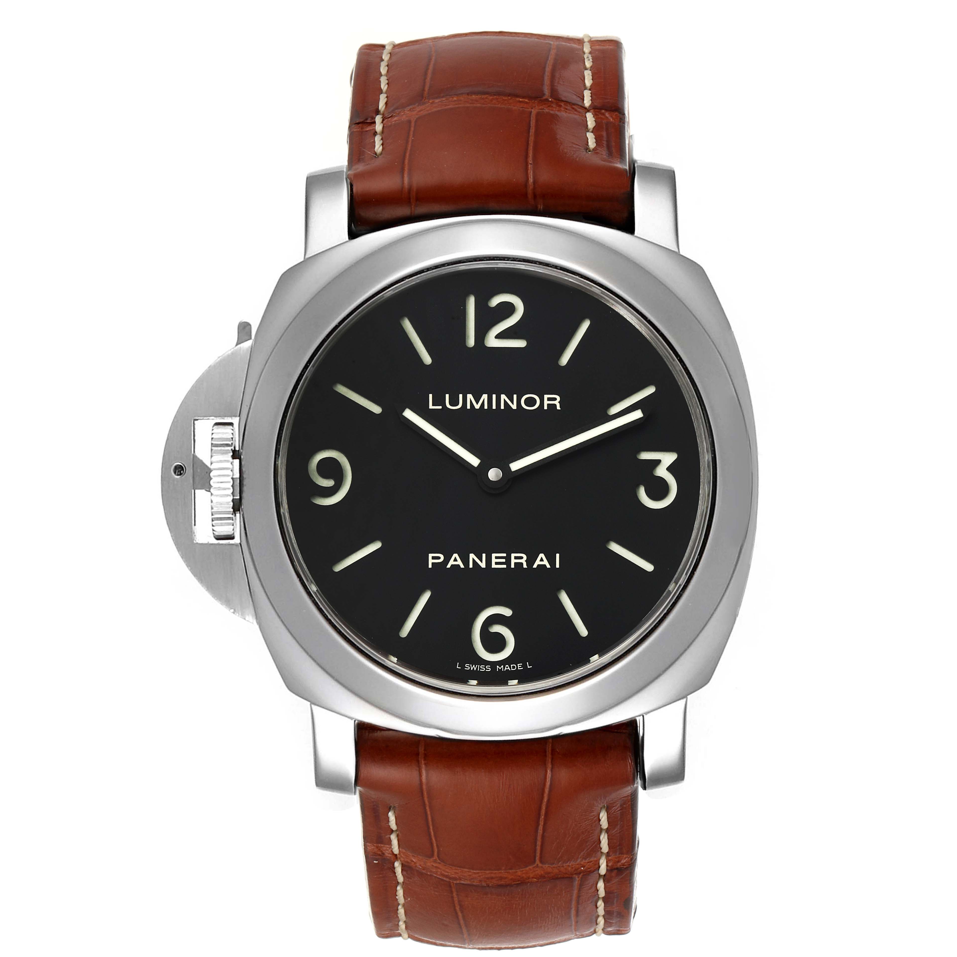 This image shows a front view of a Panerai Luminor PAM00219 Men's Stainless Steel Black Dial PAM00219 Men's Stainless Steel Black Dial watch with a brown leather strap.
