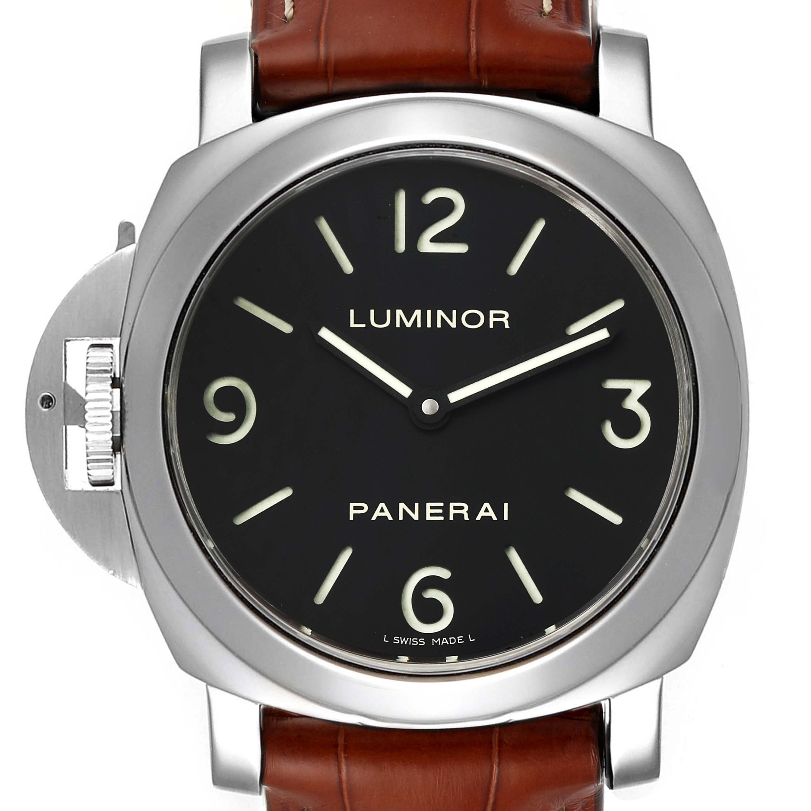 The image shows a front view of a Panerai Luminor PAM00219 Men's Stainless Steel Black Dial PAM00219 Men's Stainless Steel Black Dial watch, highlighting the dial, hands, and brown leather strap.