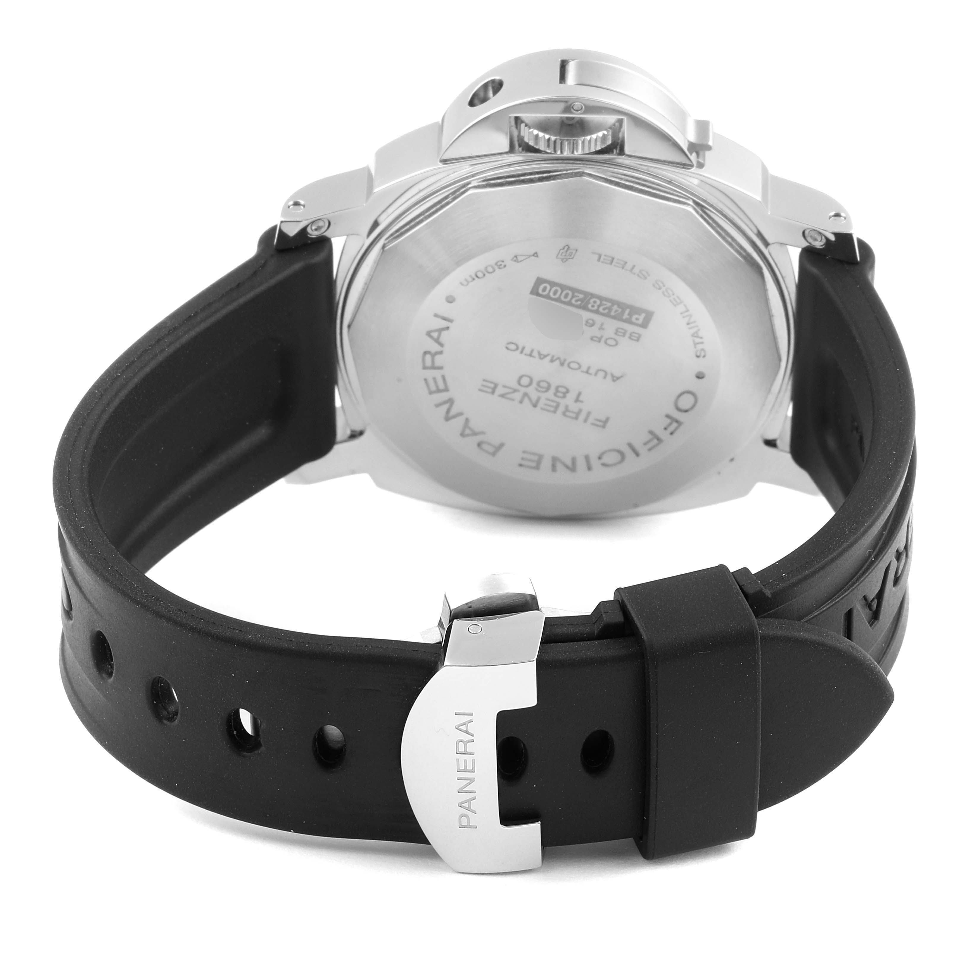 The image shows the back view of a Panerai Luminor PAM00104 Men
s Stainless Steel Black Dial PAM00104 Men
s Stainless Steel Black Dial watch, including its stainless steel case back and black rubber strap with buckle.