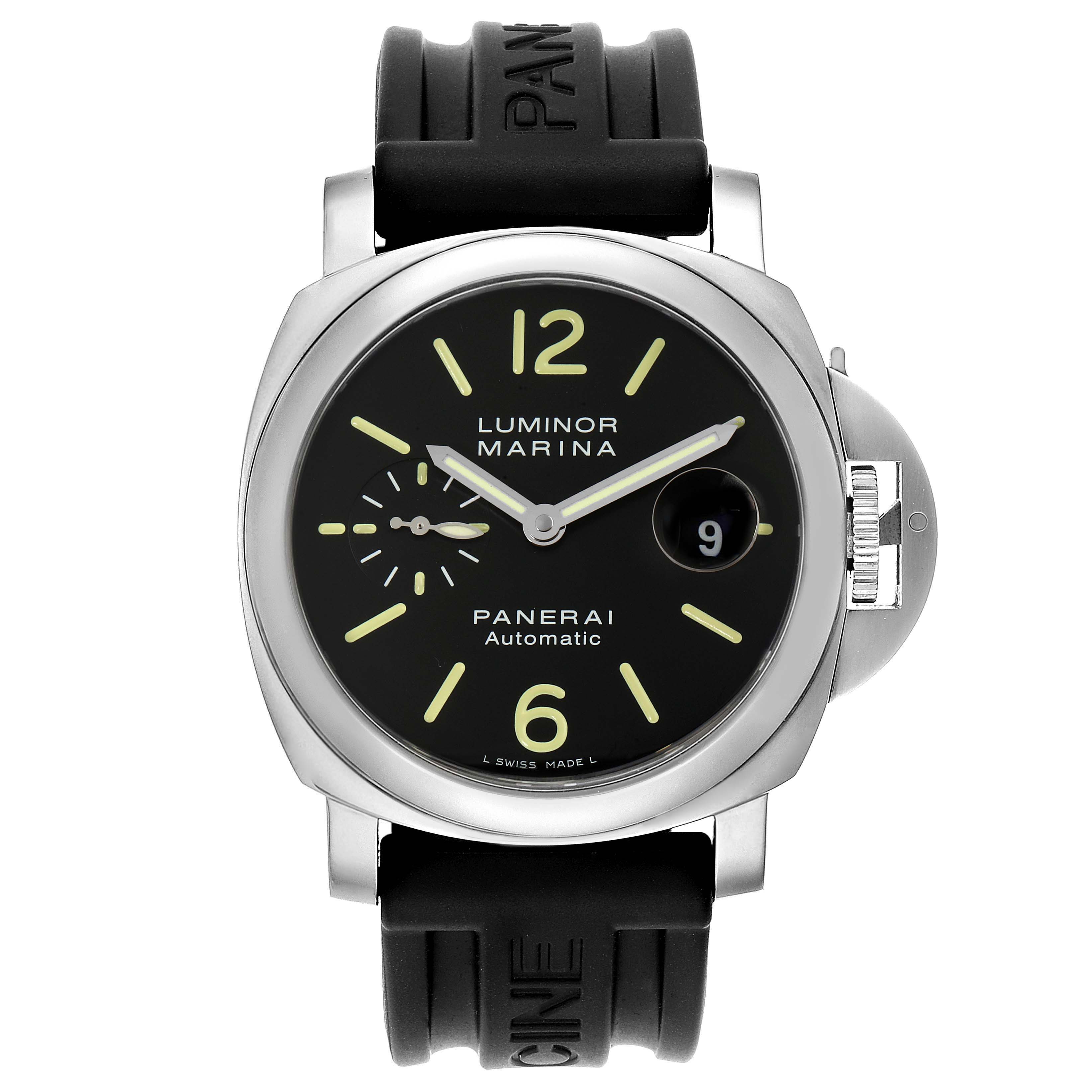 The image shows a front view of a Panerai Luminor PAM00104 Men
s Stainless Steel Black Dial PAM00104 Men
s Stainless Steel Black Dial Marina watch with a rubber strap and crown guard.