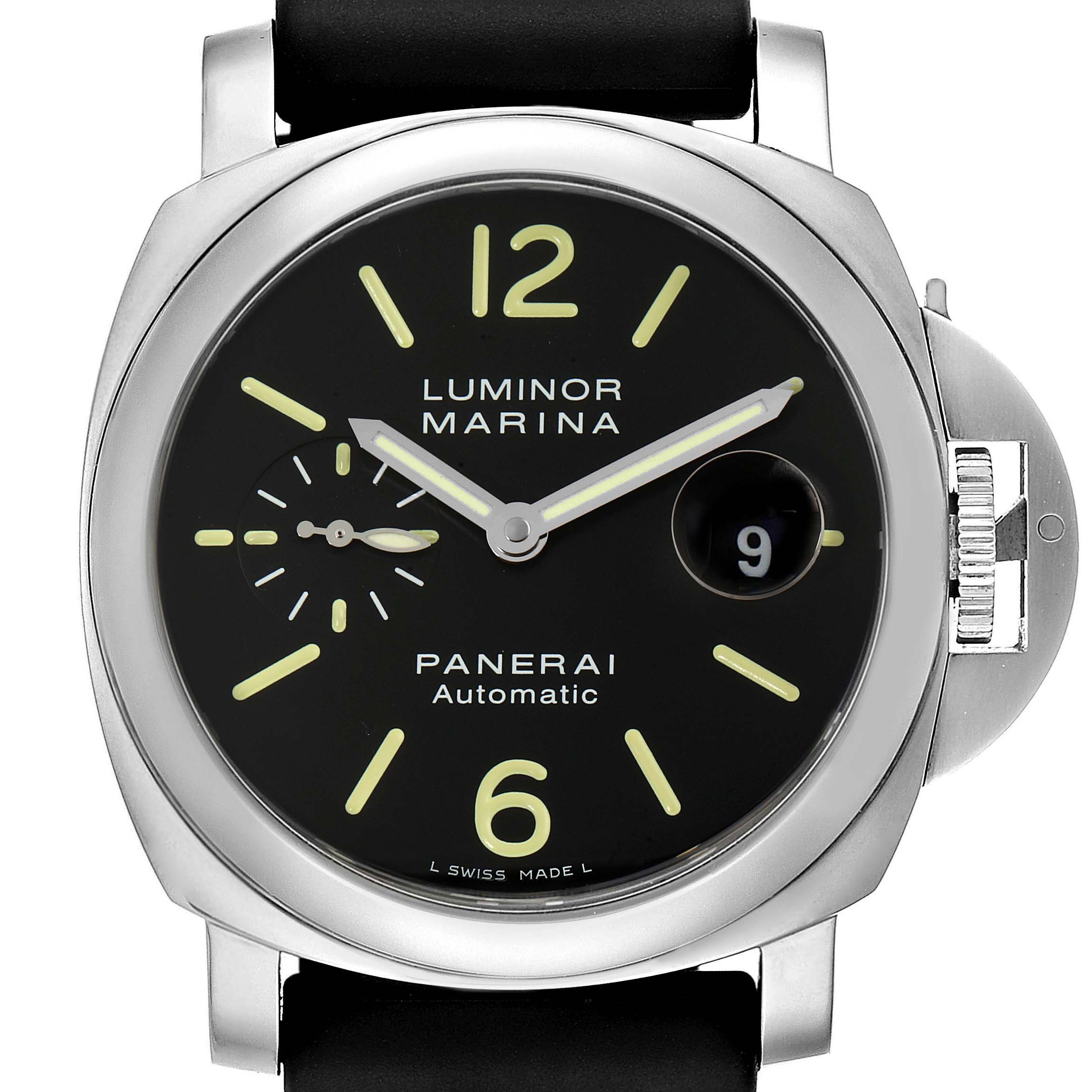 The image shows a front view of the Panerai Luminor PAM00104 Men
s Stainless Steel Black Dial PAM00104 Men
s Stainless Steel Black Dial Marina watch, displaying the dial, numerals, and crown guard.