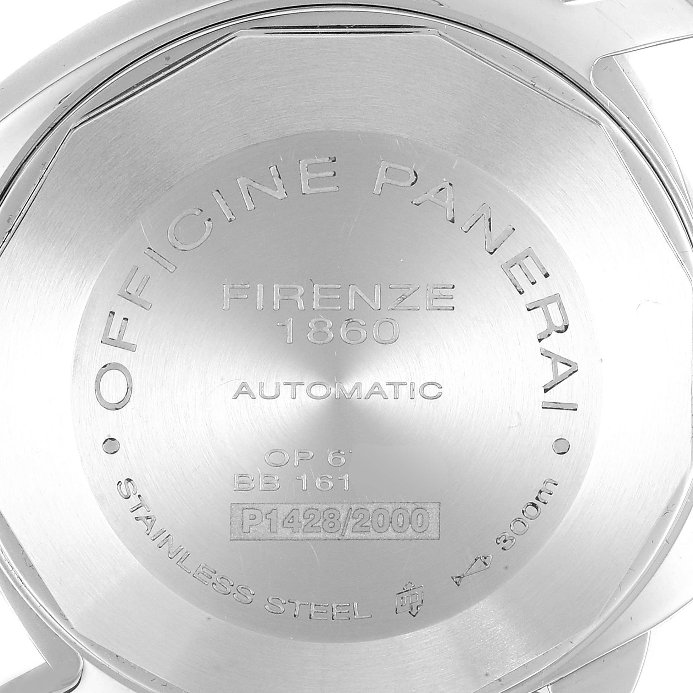 The image shows the case back of a Panerai Luminor PAM00104 Men
s Stainless Steel Black Dial PAM00104 Men
s Stainless Steel Black Dial watch, detailing specifications like "OFFICINE PANERAI," "AUTOMATIC," and more.