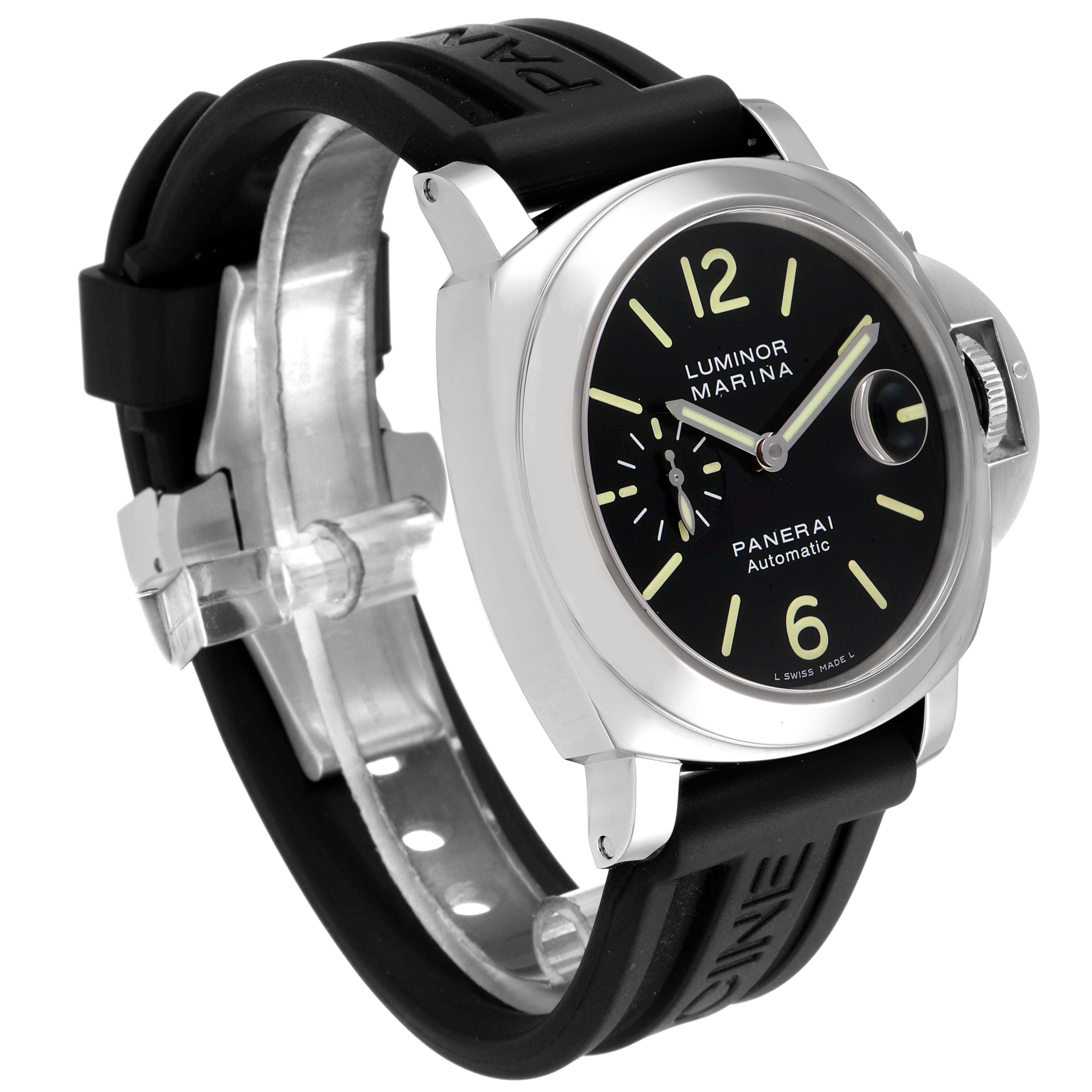 The image shows a front and side view of a Panerai Luminor PAM00104 Men
s Stainless Steel Black Dial PAM00104 Men
s Stainless Steel Black Dial watch, highlighting the dial, case, and black rubber strap.