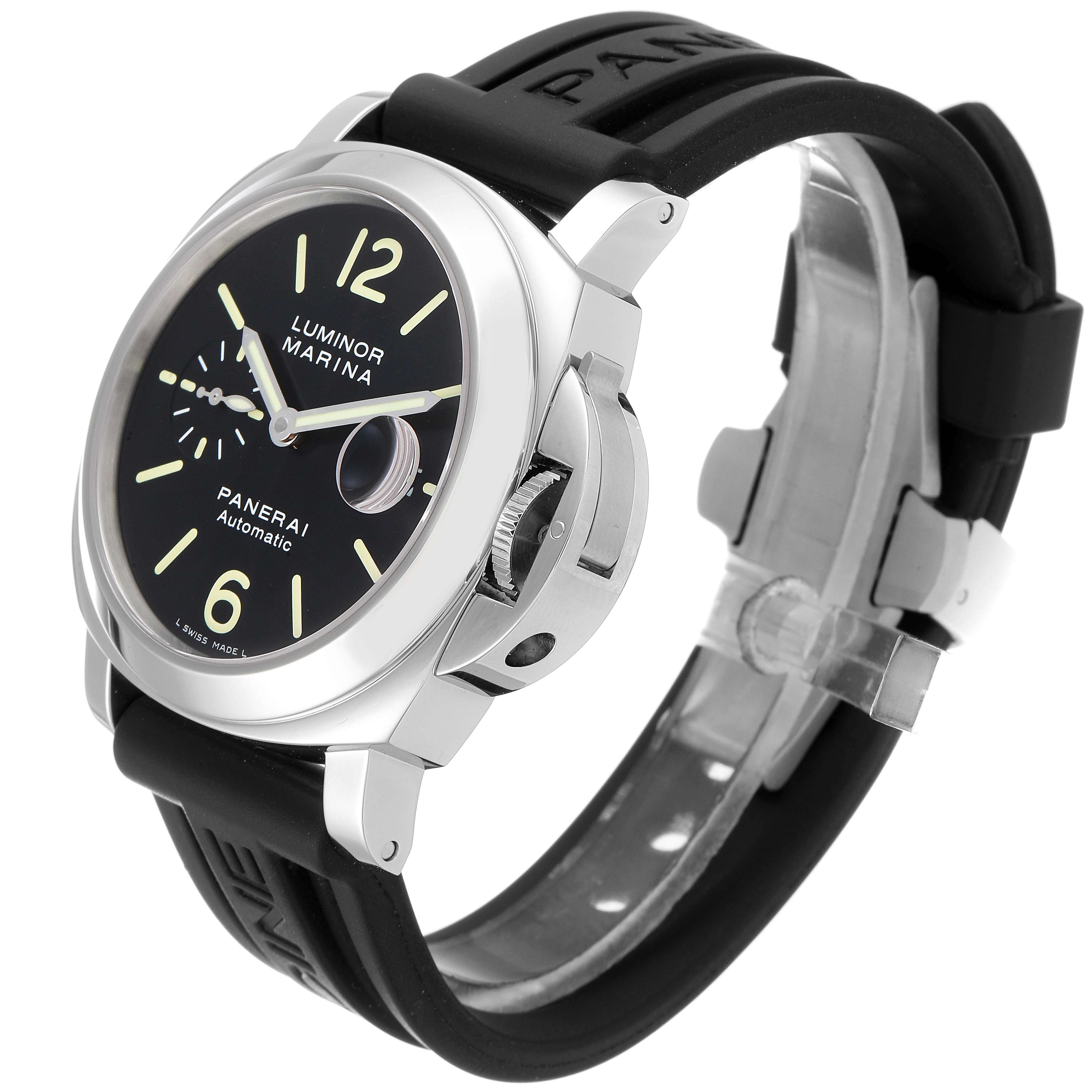 The image shows a Panerai Luminor PAM00104 Men
s Stainless Steel Black Dial PAM00104 Men
s Stainless Steel Black Dial Marina watch at an angled side view, highlighting its black dial, crown, and rubber strap.
