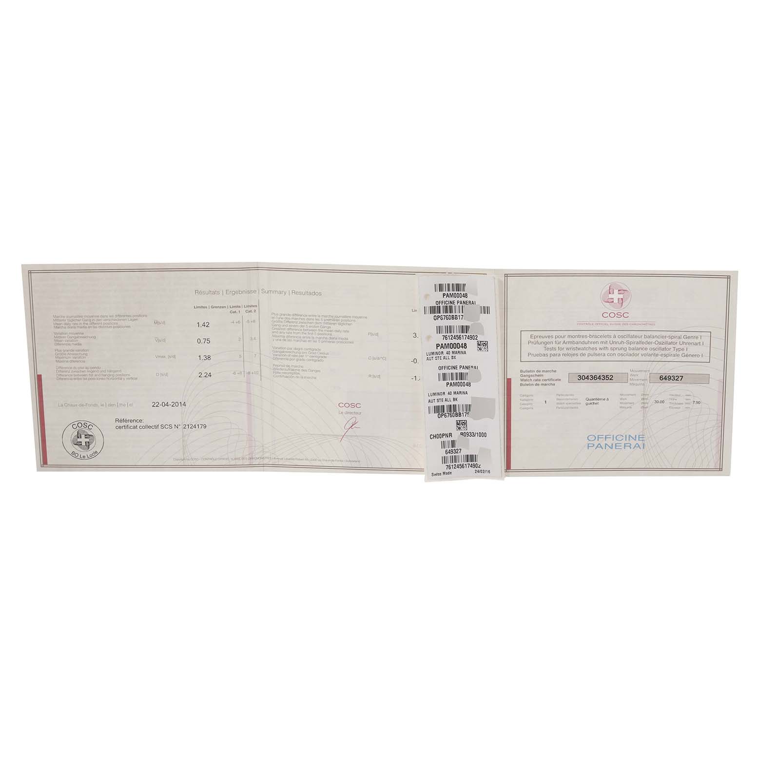 This image shows warranty and certification documents for a Panerai Luminor PAM00048 Men
s Stainless Steel Black Dial PAM00048 Men
s Stainless Steel Black Dial watch laid flat and opened.