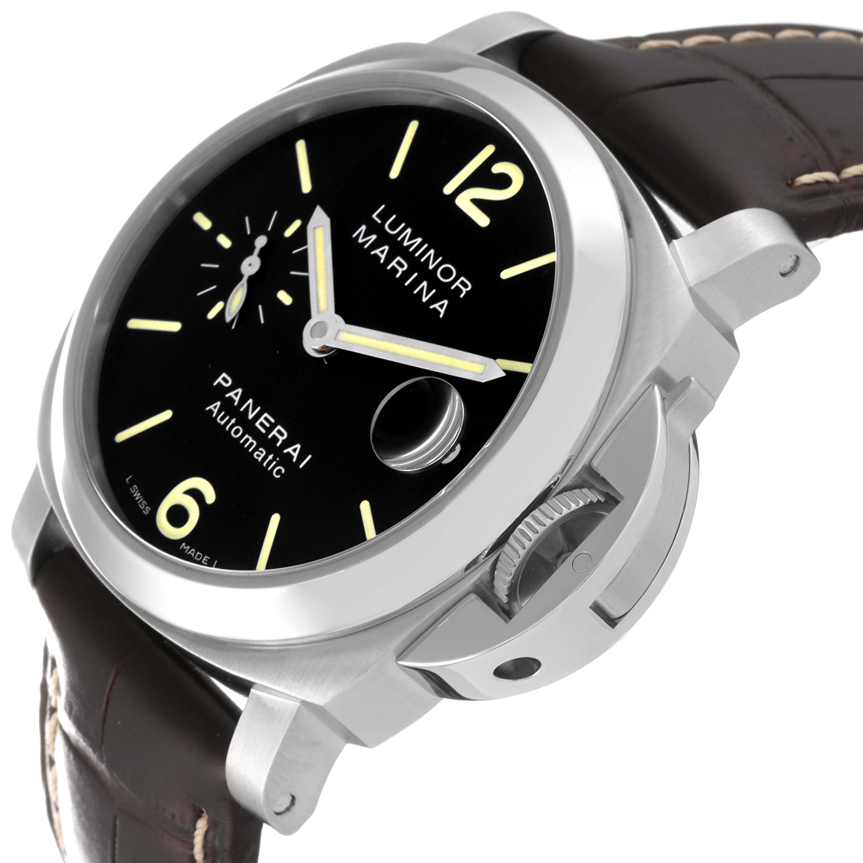 The image shows a Panerai Luminor PAM00048 Men
s Stainless Steel Black Dial PAM00048 Men
s Stainless Steel Black Dial Marina watch at an angle highlighting the dial, crown guard, and brown leather strap.