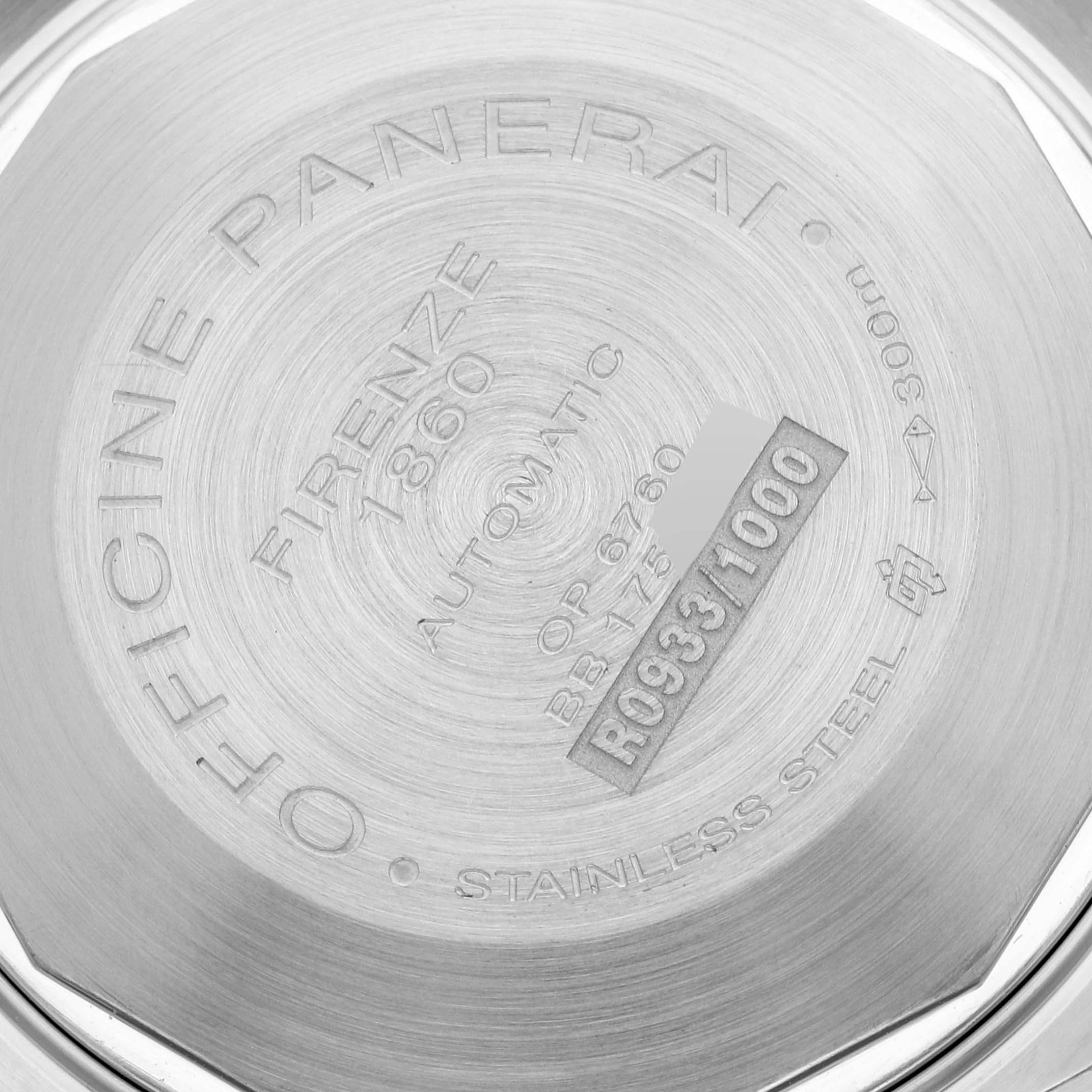 The image shows the back case of a Panerai Luminor PAM00048 Men
s Stainless Steel Black Dial PAM00048 Men
s Stainless Steel Black Dial watch, featuring engraved details like brand, model, and serial number.