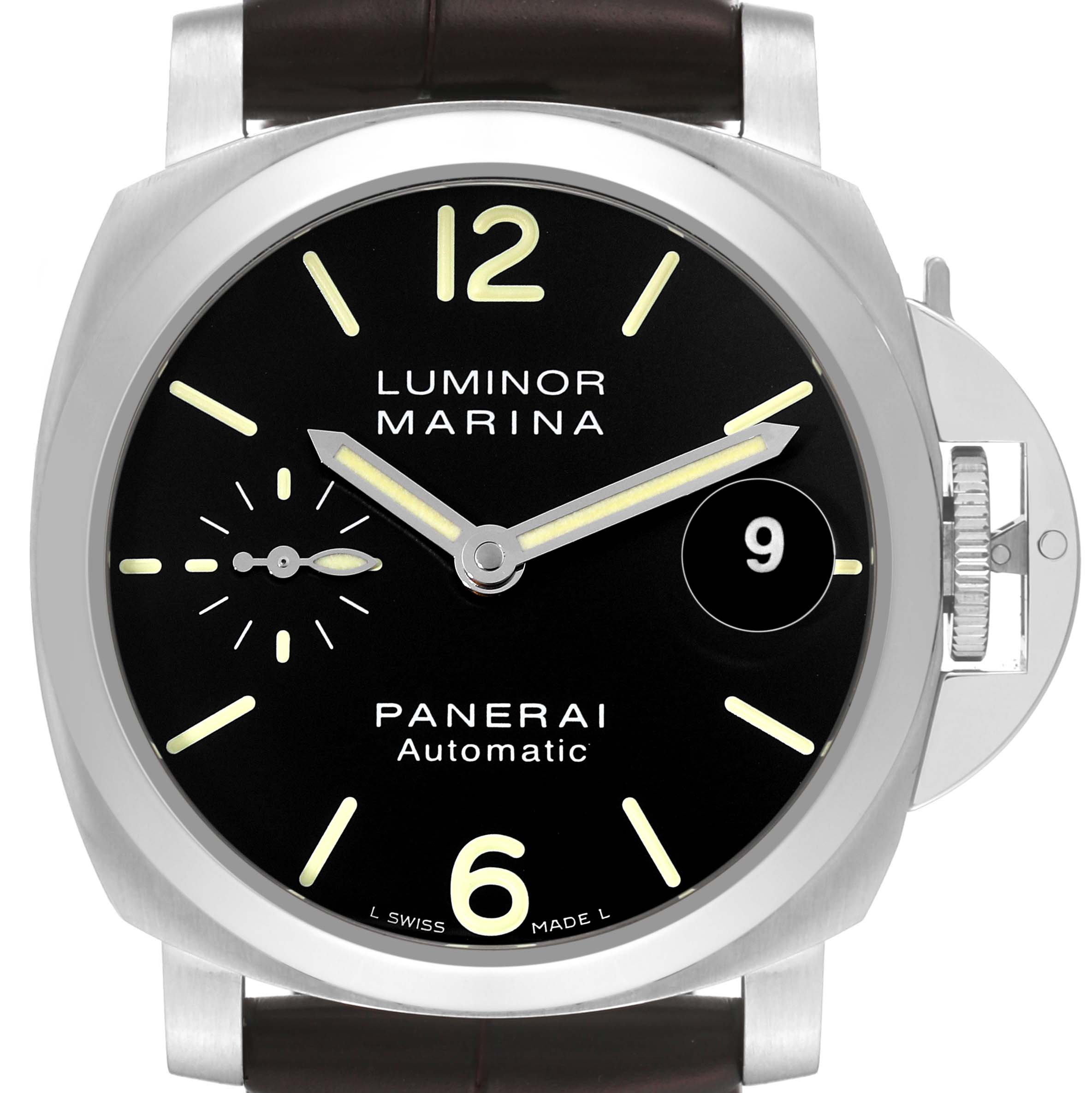 This image shows the front view of the Panerai Luminor PAM00048 Men
s Stainless Steel Black Dial PAM00048 Men
s Stainless Steel Black Dial Marina watch, featuring the dial, hands, numerals, and crown guard.