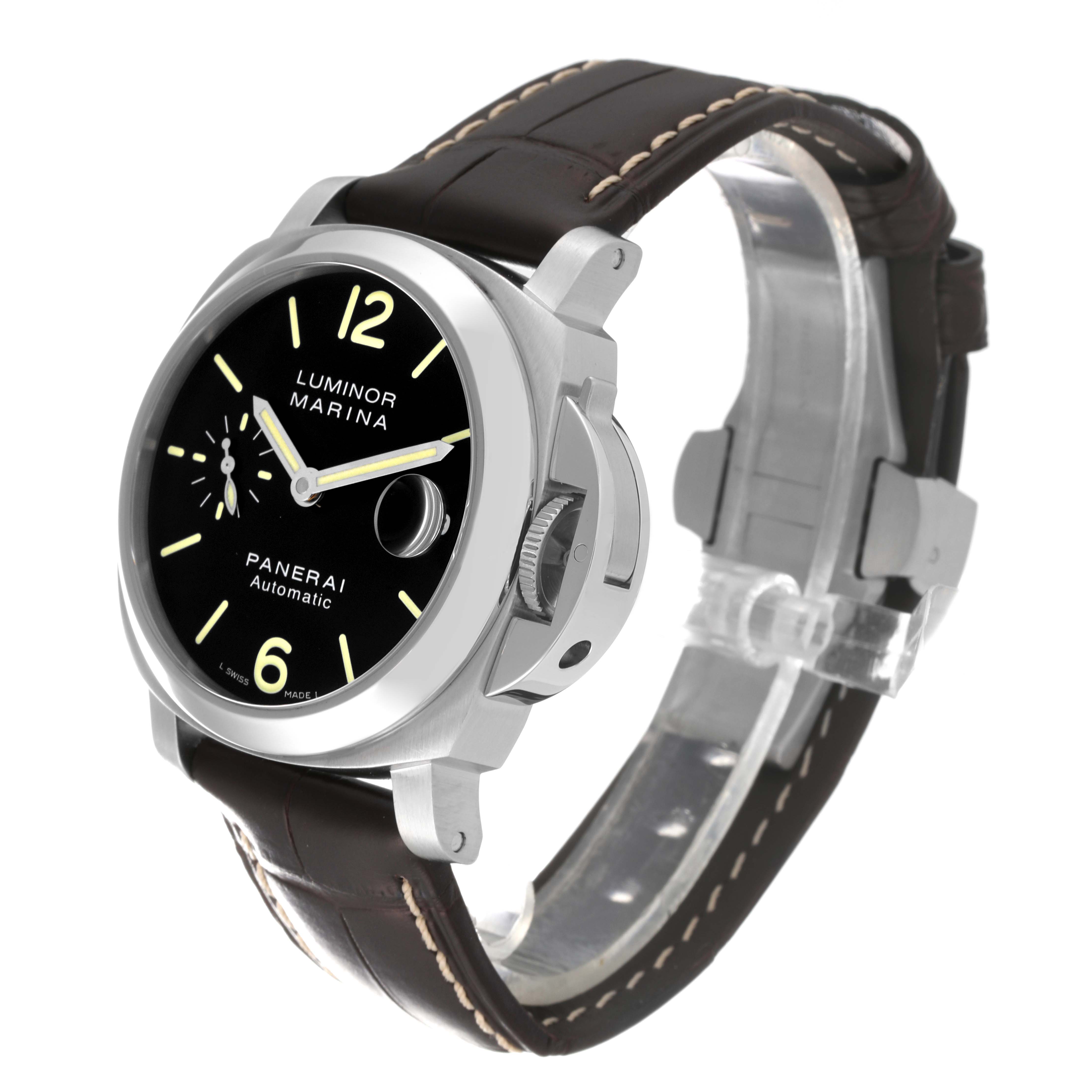 The image shows a Panerai Luminor PAM00048 Men
s Stainless Steel Black Dial PAM00048 Men
s Stainless Steel Black Dial Marina watch from a front-side angle highlighting the dial, crown, and leather strap.